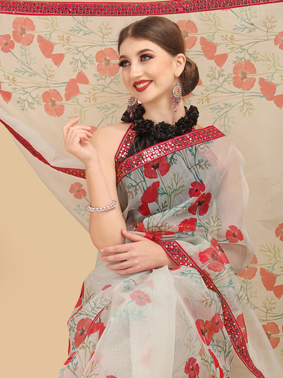 Sangria Off White Floral Mirror Work Organza Designer Saree