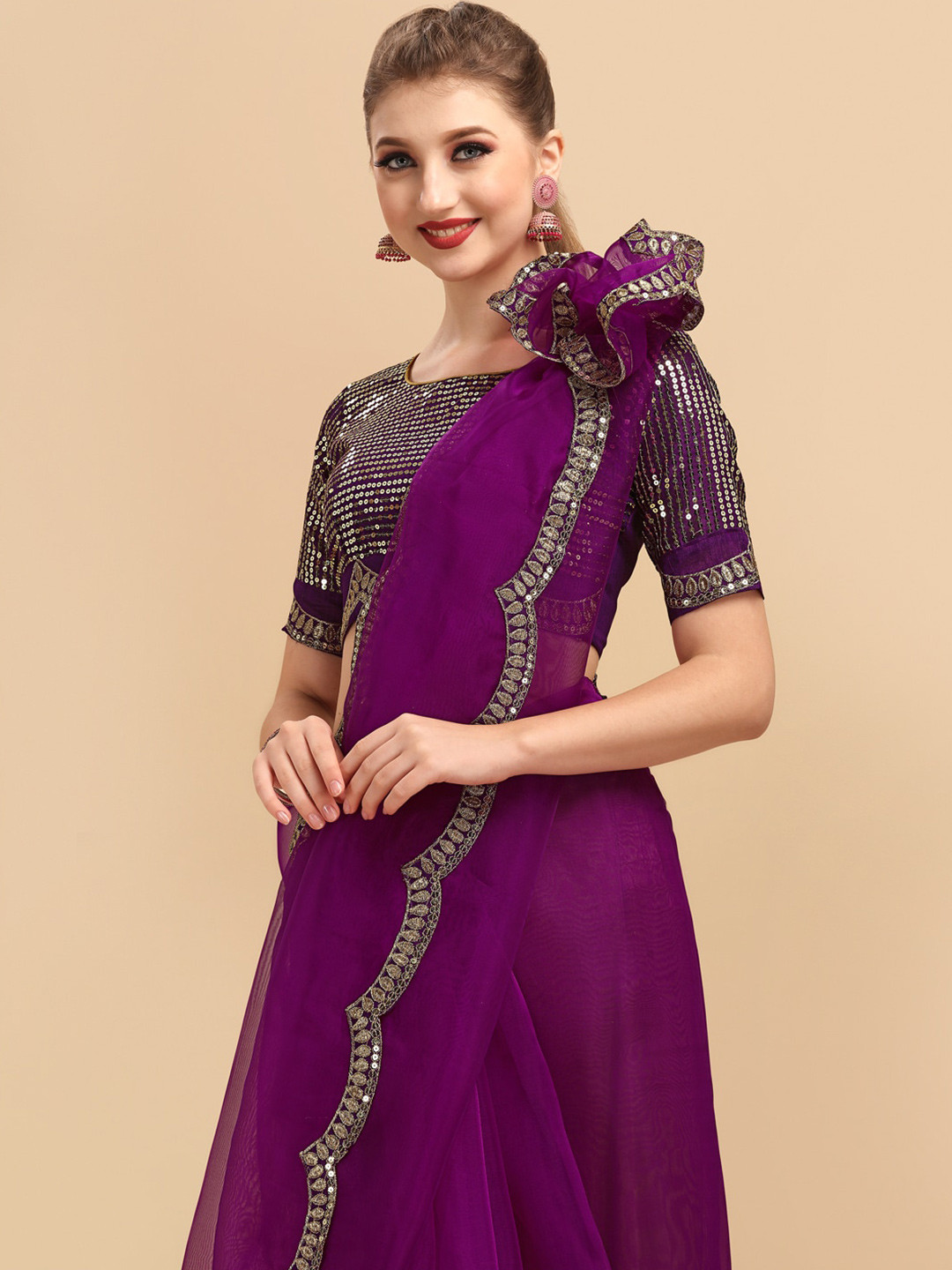 Sangria Purple Net Designer Saree With Zari Work