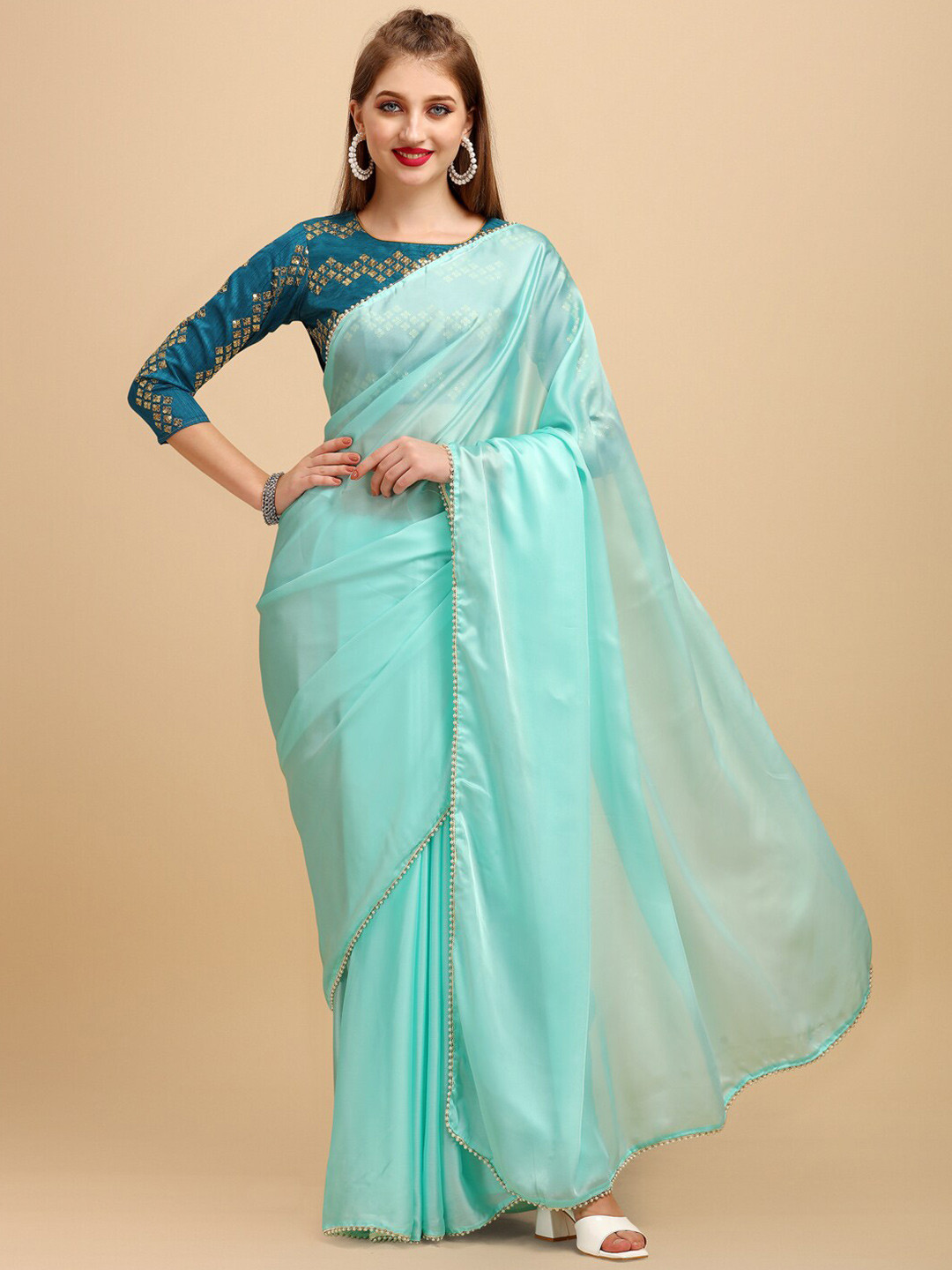 Sangria Sea Green Satin Designer Saree