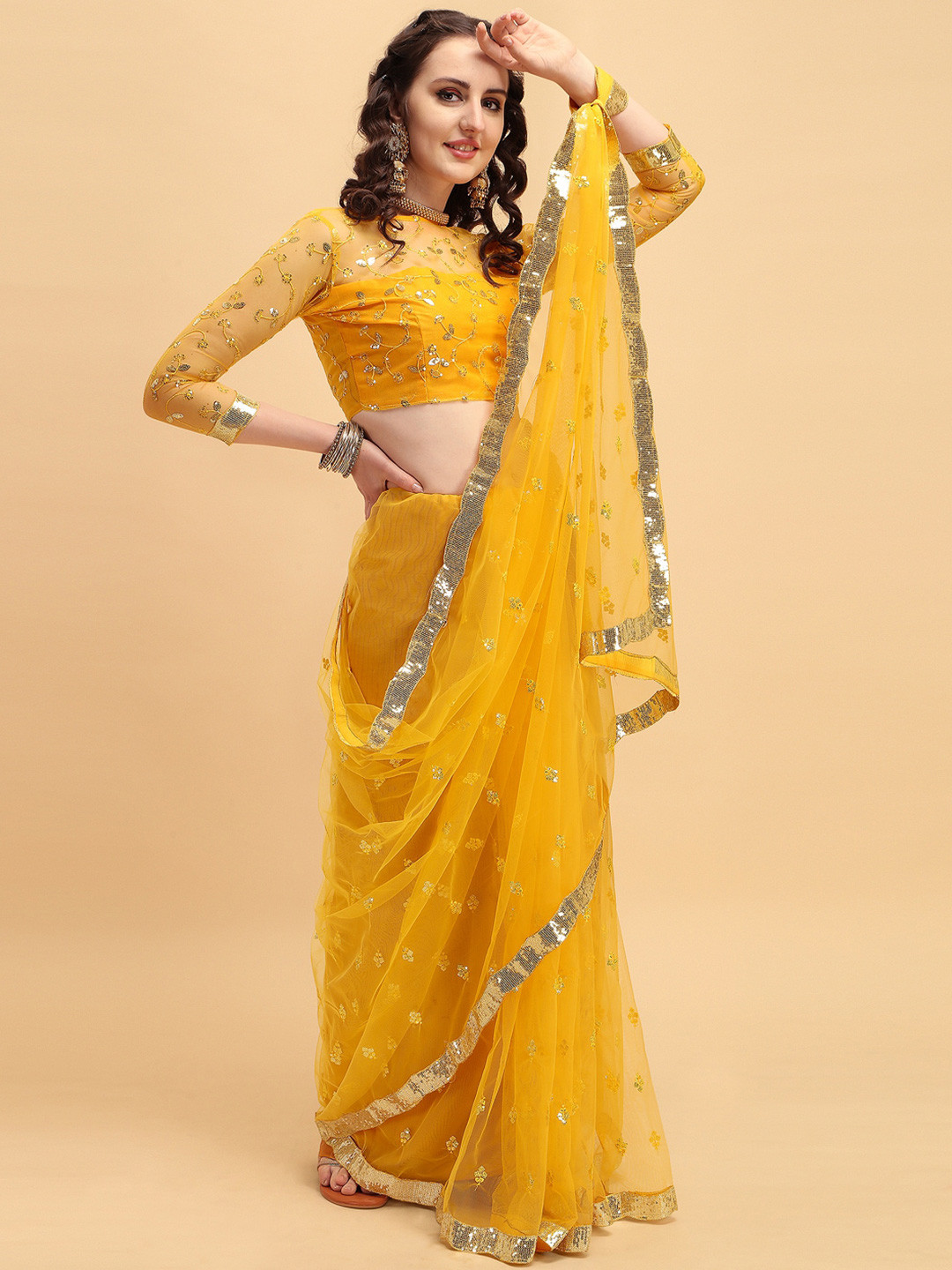 Sangria Yellow Sequinned Saree
