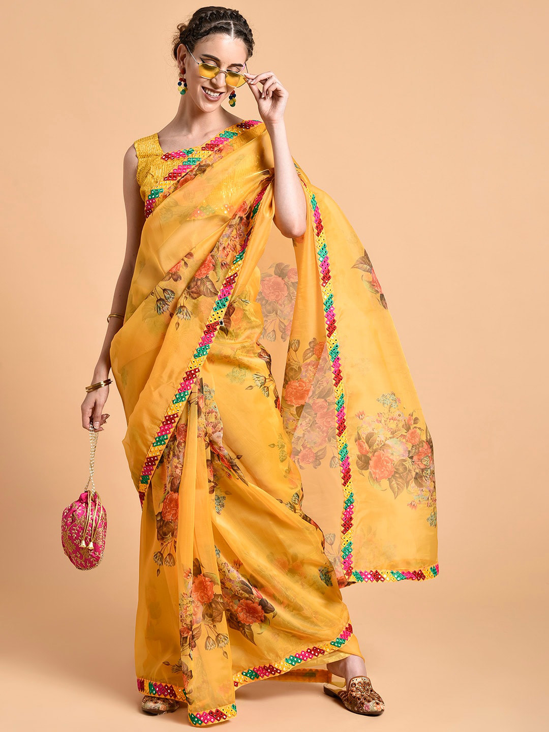 Sangria Mustard Yellow Floral Printed Mirror Work Organza Saree