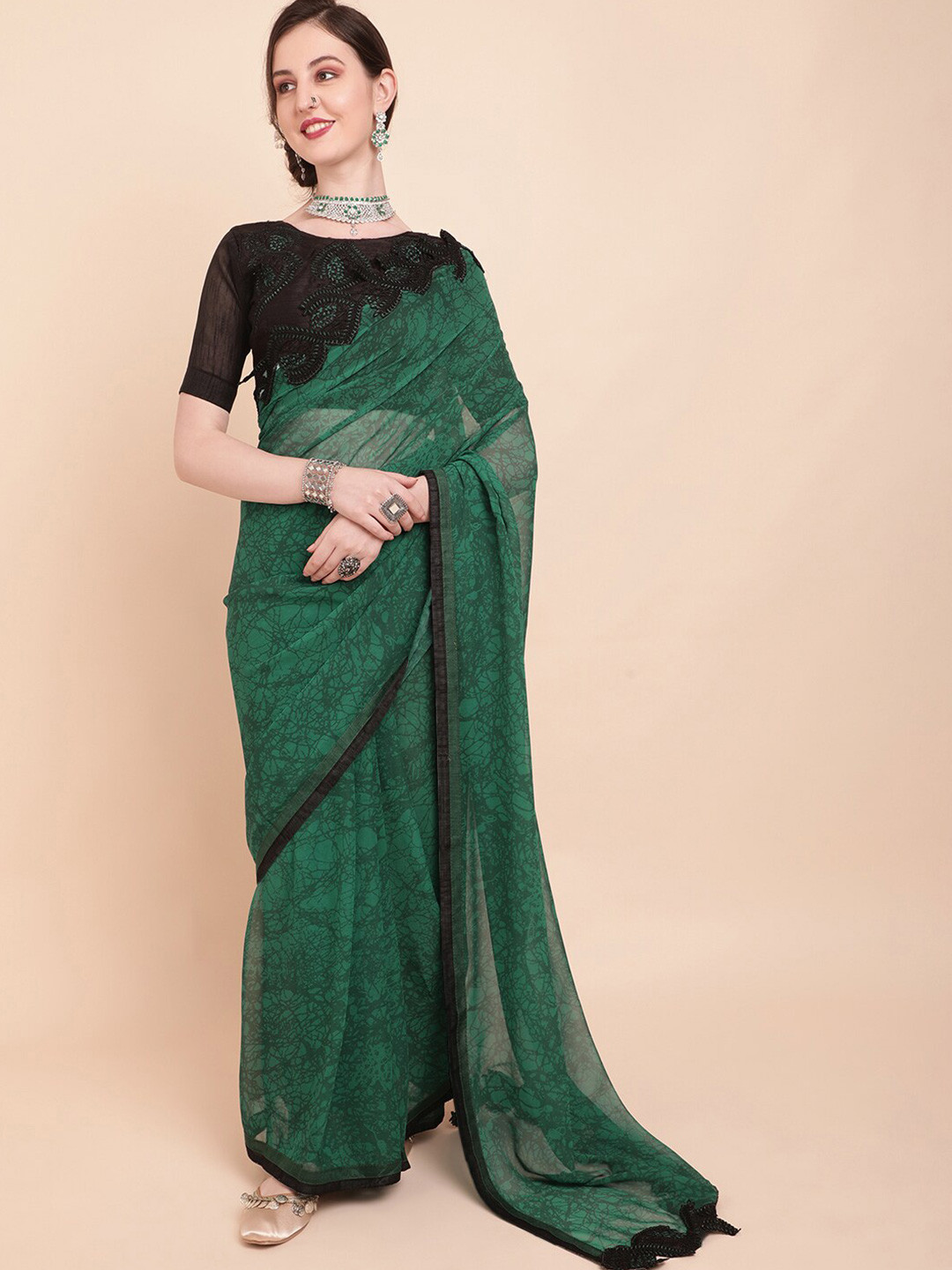 Sangria Olive Green & Black Tie and Dye Pure Georgette Saree