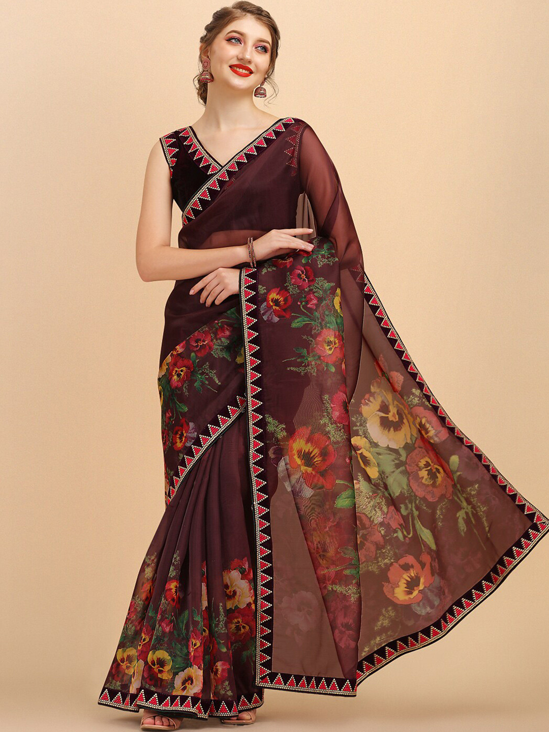 Sangria Burgundy Batik Floral Mirror Work Organza Saree