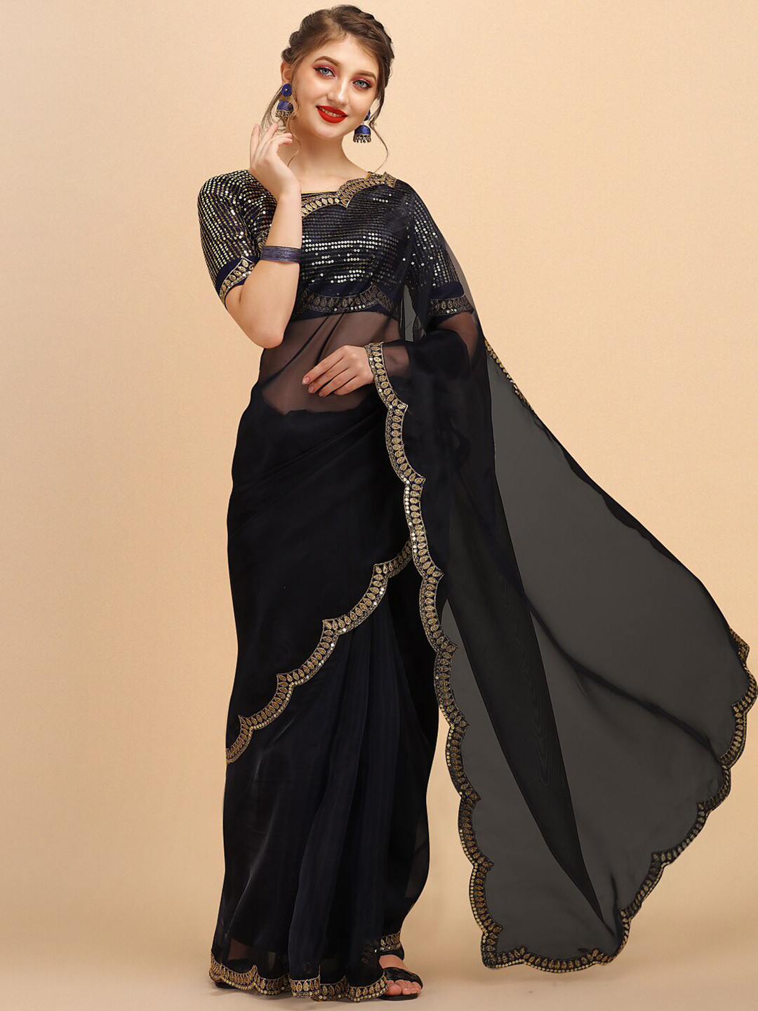 Sangria Navy Blue Beads & Stones Organza Saree