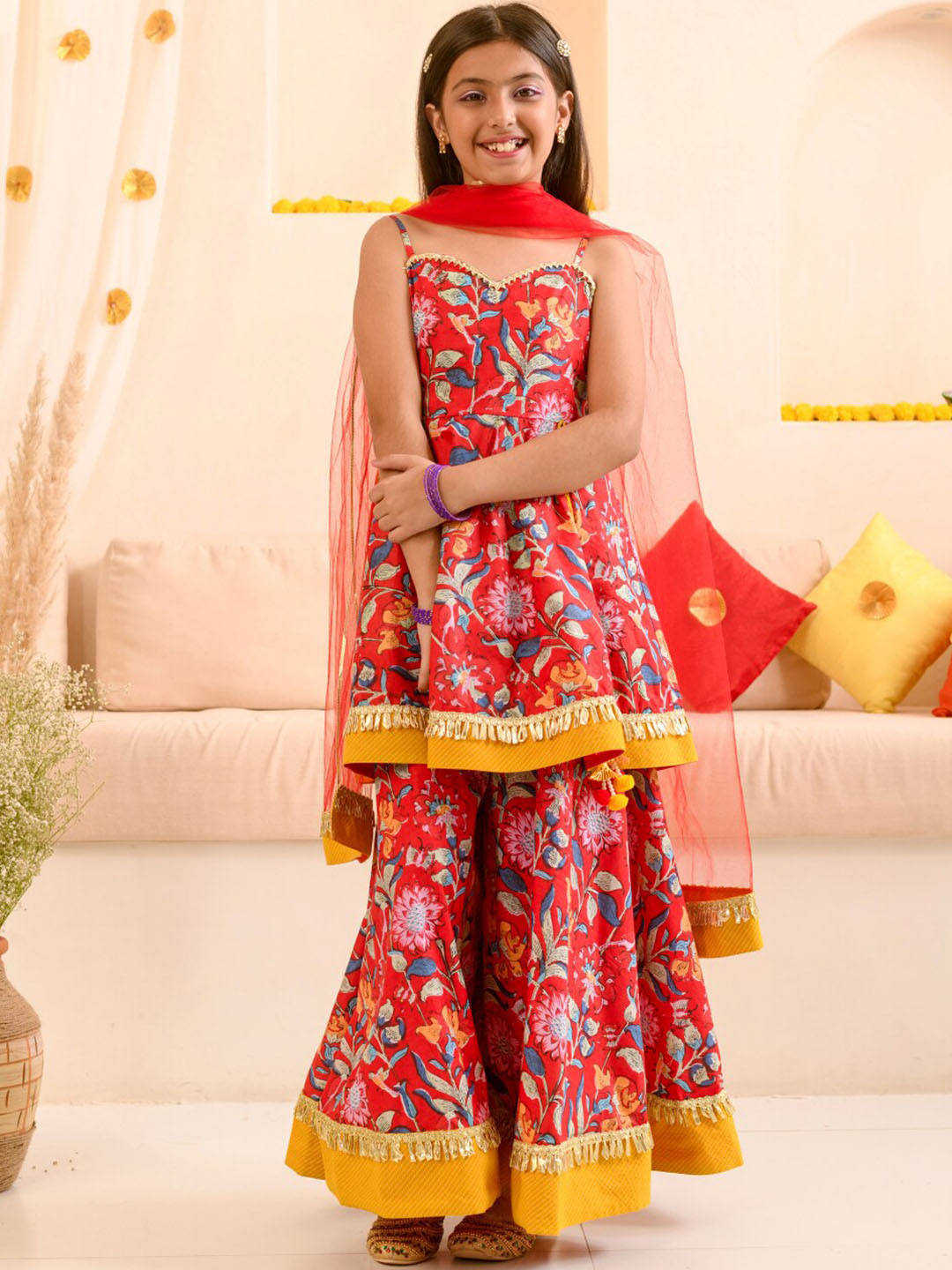 pspeaches Girls Red Floral Printed Pure Cotton A-line Kurta With Palazzos & Dupatta
