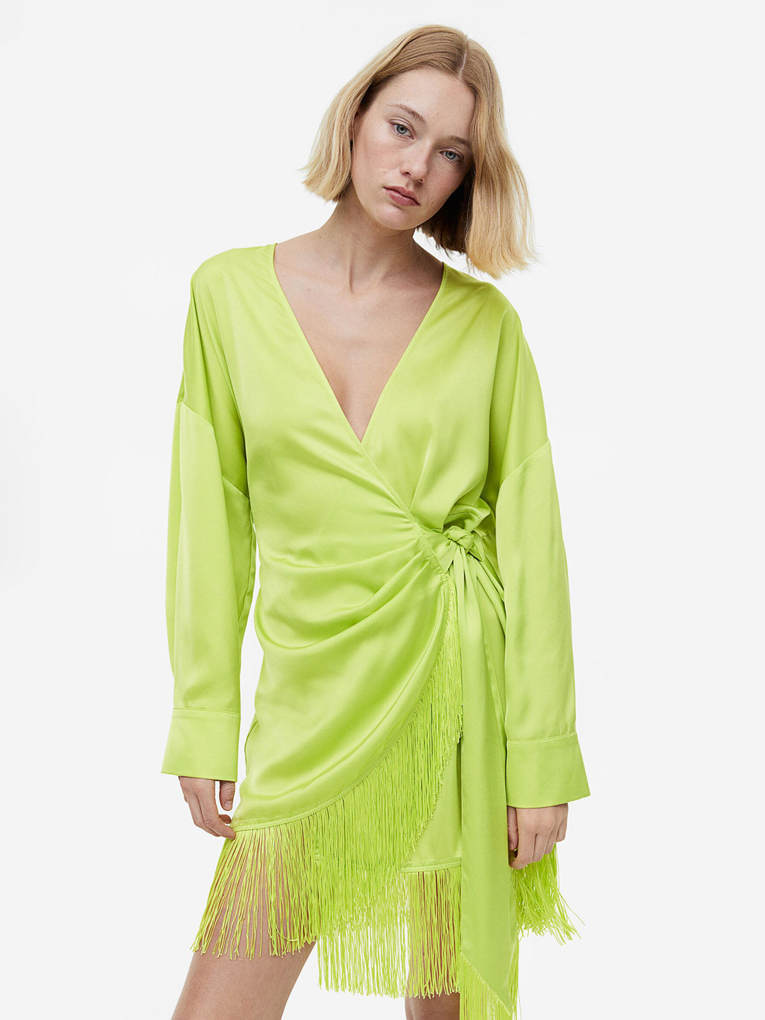 H&M Fringe-Trimmed Satin Wrap Dress