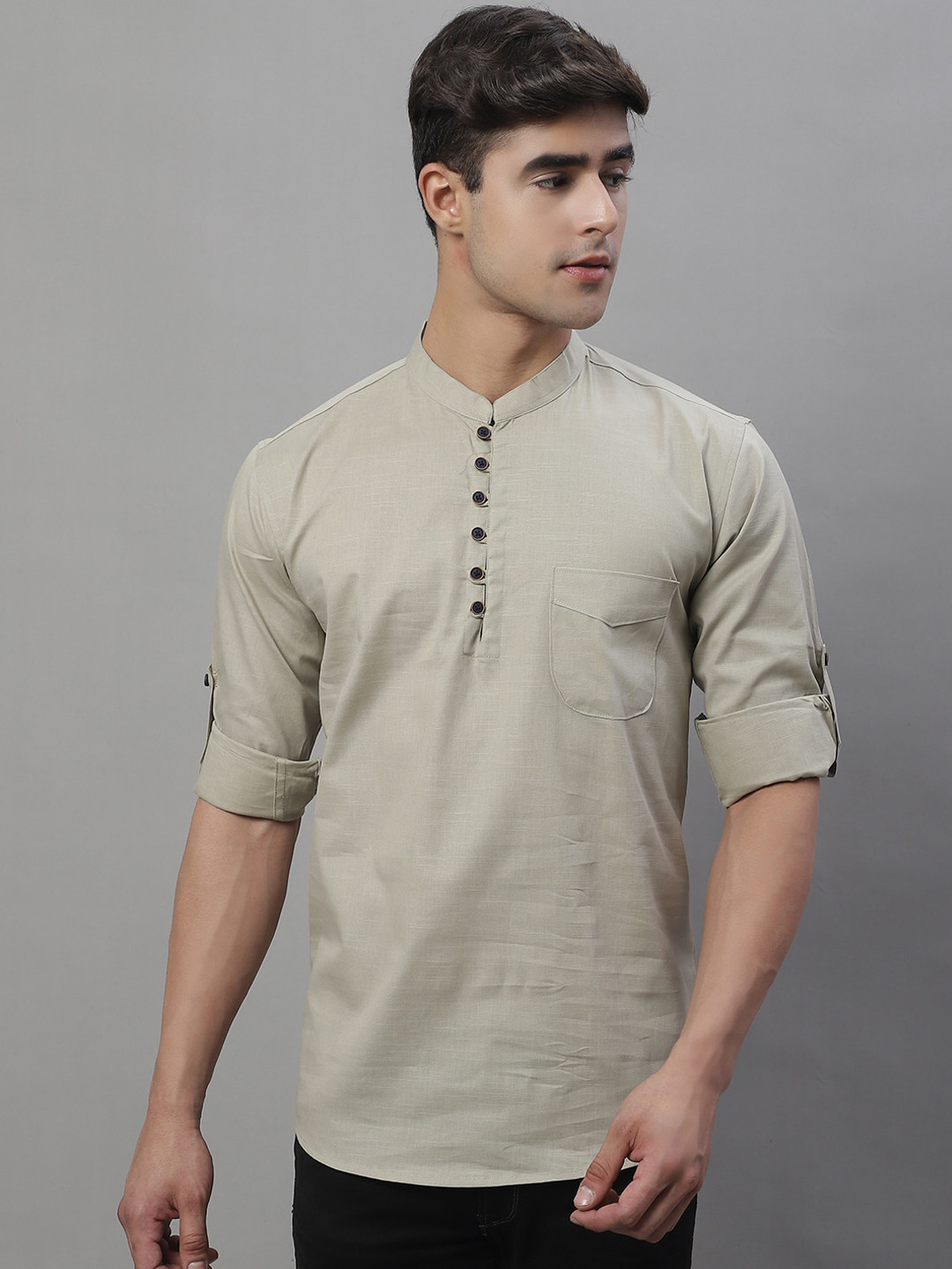 Majestic Man Solid Mandarin Collar Pure Cotton Short Kurta