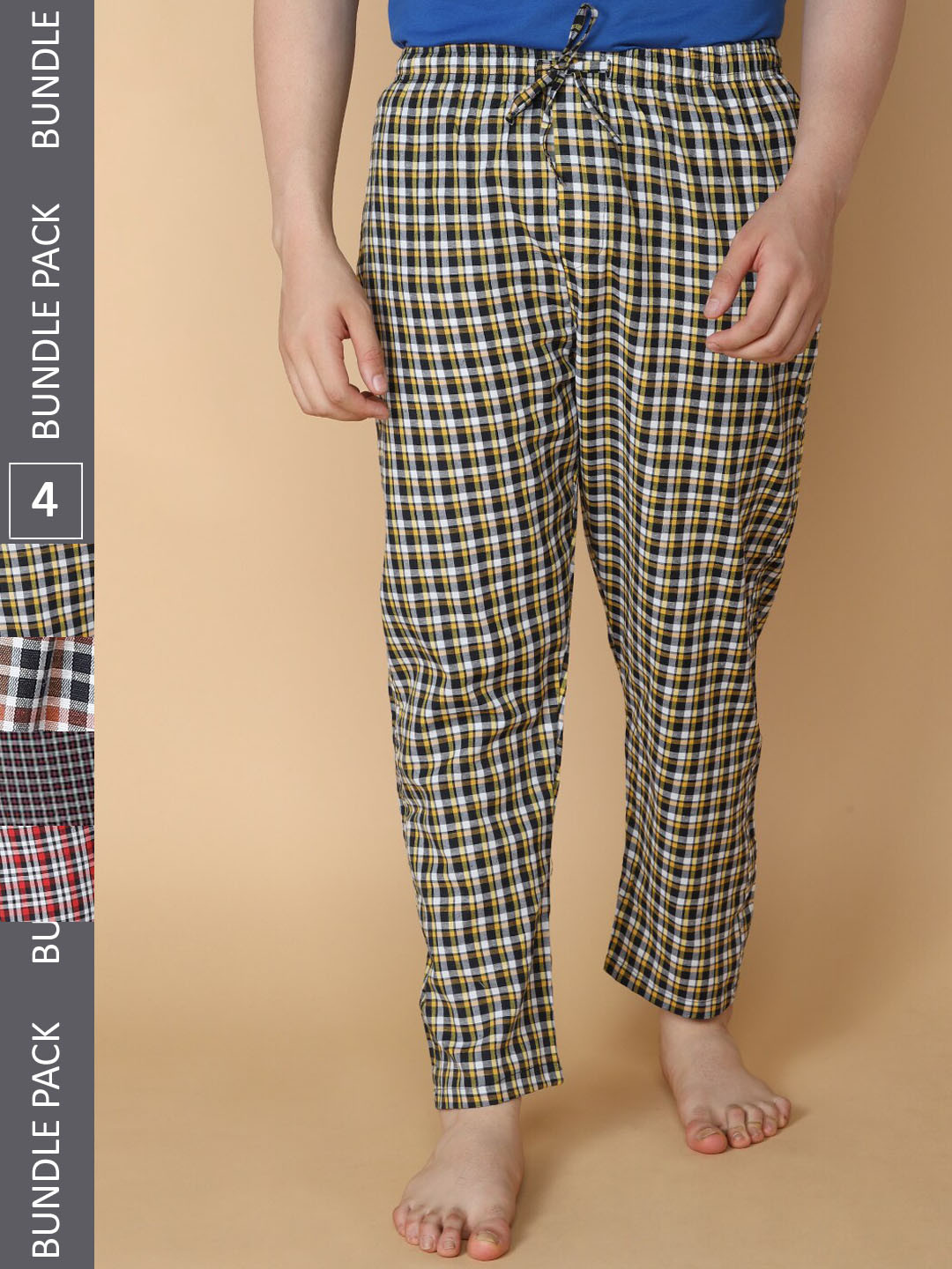 LUX VENUS Men Pack Of 4 Assorted Checked Cotton Lounge Pants