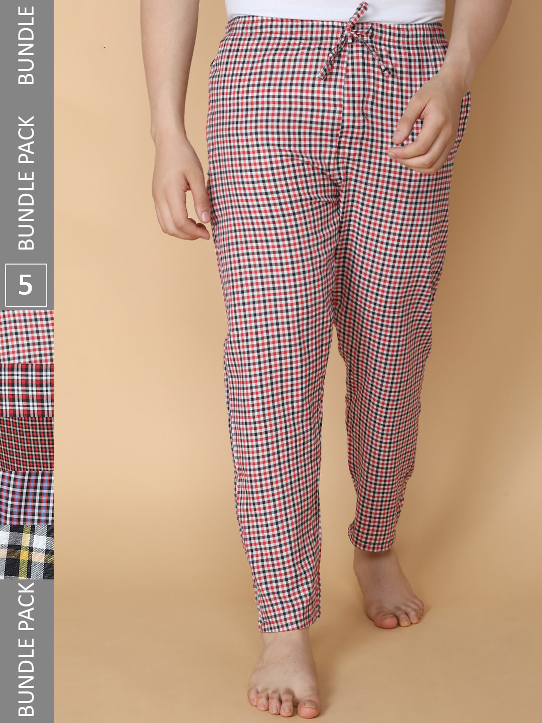 LUX VENUS Men Pack Of 5 Assorted Checked Cotton Lounge Pants