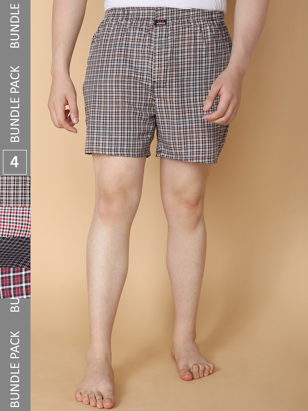 LUX VENUS Pack Of 4 Assorted Checked Pure Cotton Boxers