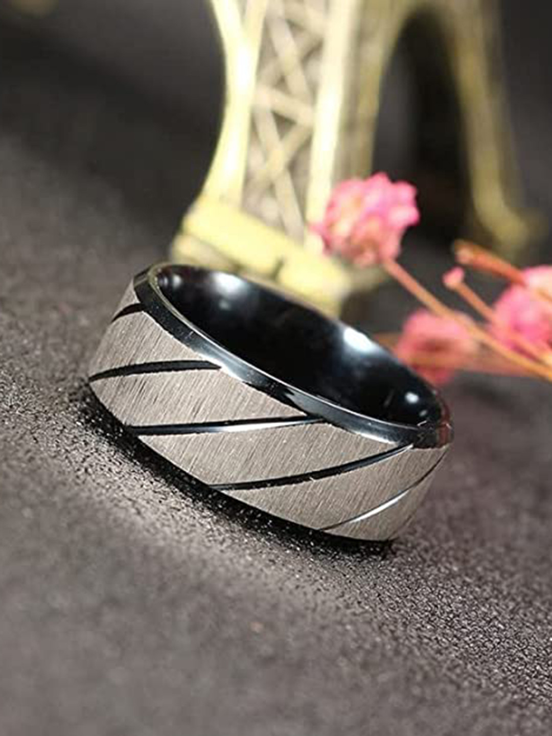 VIEN Silver-Plated Stainless Steel Striped Finger Ring