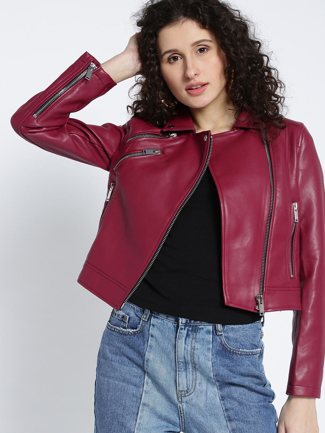 MANGO Women Burgundy Solid Crop Biker Jacket