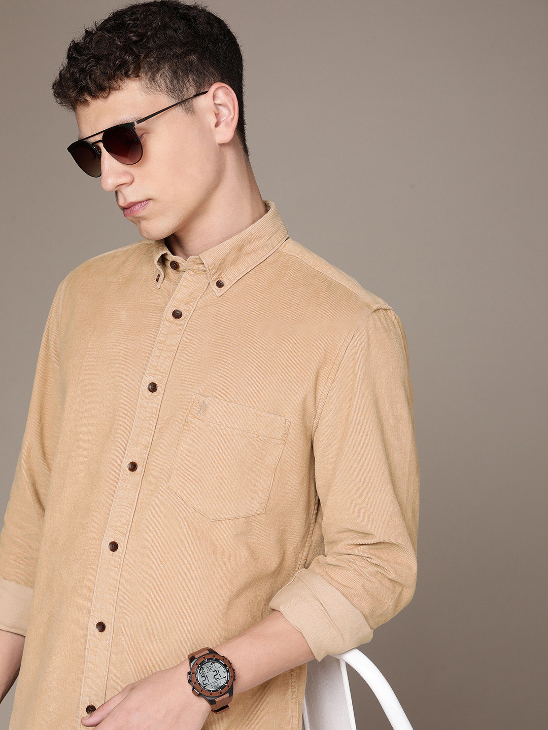 French Connection Self Design Slim Fit Pure Cotton Corduroy Casual Shirt