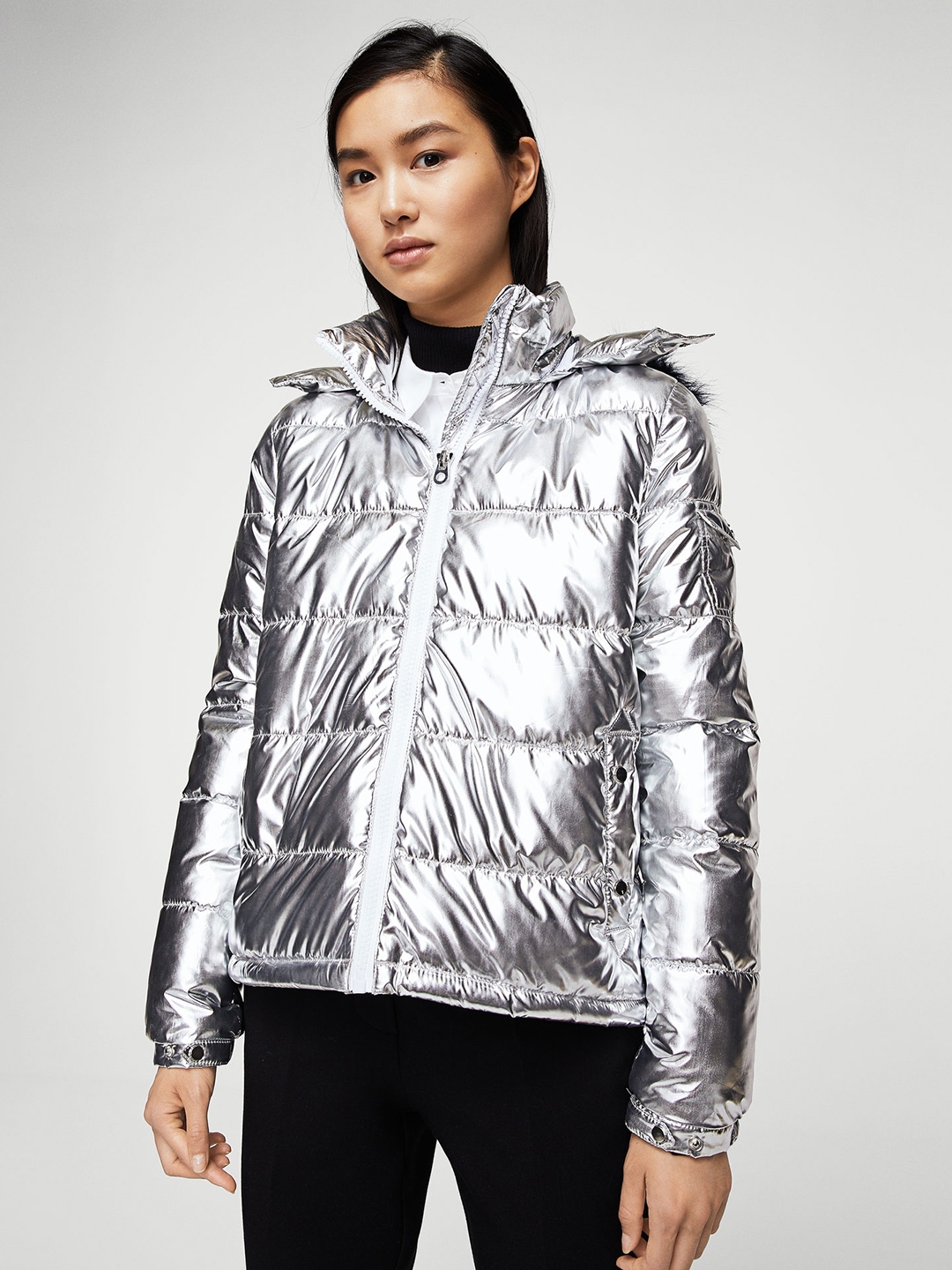 Metallic Silver Puffer Coat