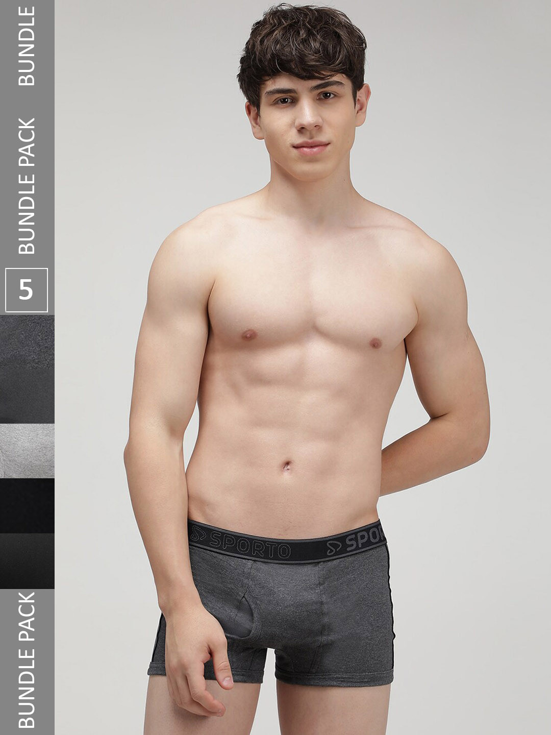 SPORTO Men Pack Of 5 Cotton Soft Elastic Trunk SP-TRM1020-GM-AM-BLK-CH-OL-XXL-5PC