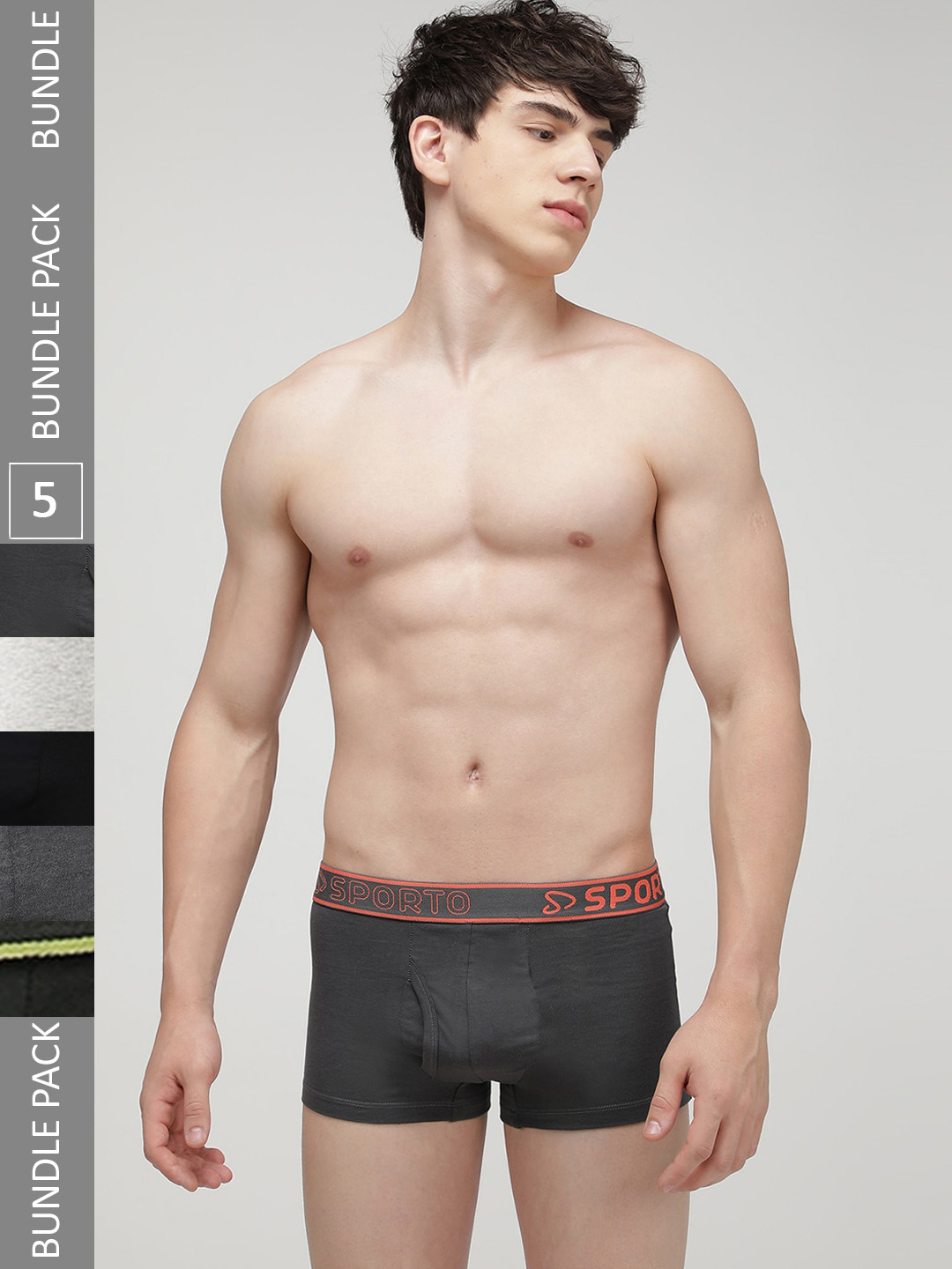 SPORTO Men Pack Of 5 Logo Printed  Cotton Trunks SP-TR-M1022-GM-AM-BLK-CH-OL-M-5PC