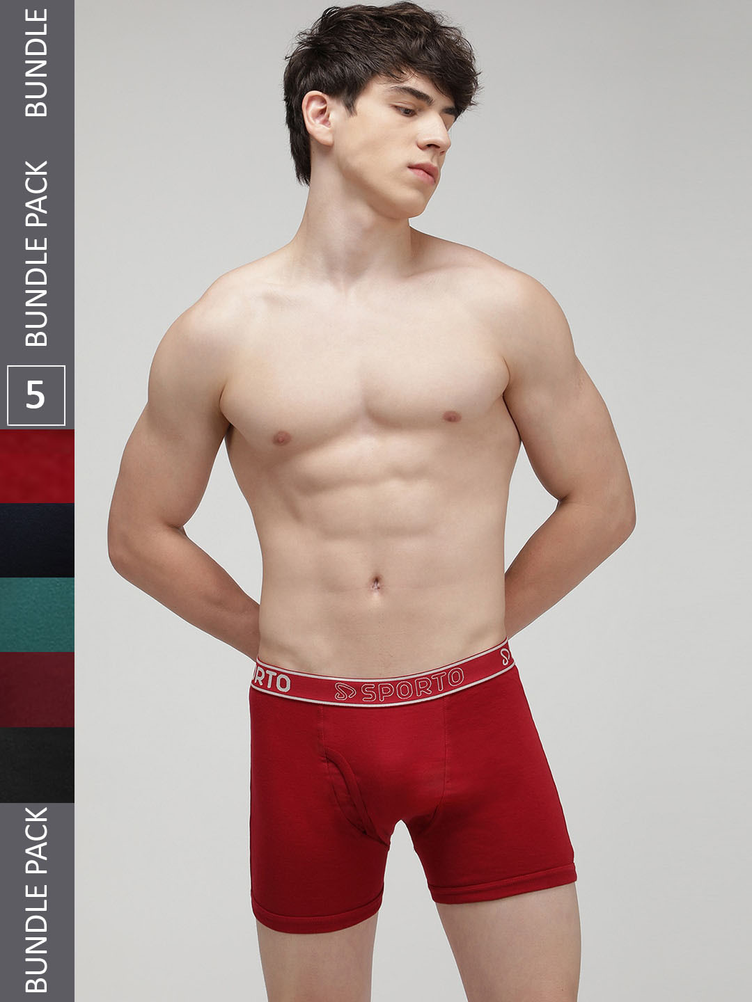 SPORTO Men Pack Of 5 Cotton Trunks SP-TR-M1030-MA-NVY-RED-PB-OL-S-5PC