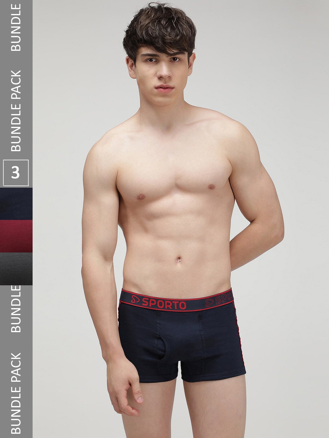 SPORTO Men Pack Of 3 Logo Printed Detail Cotton Trunks SP-TRM1020-MA-NVY-CH-S-3PC-