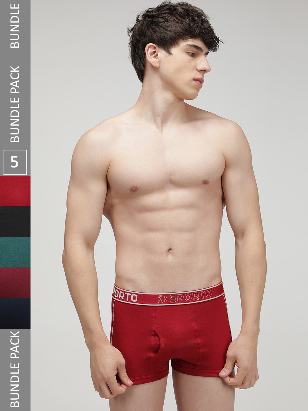 SPORTO Men Pack of 5 Cotton Trunks SP-TRM1020-MA-NVY-PB-OL-RED-XL-5PC