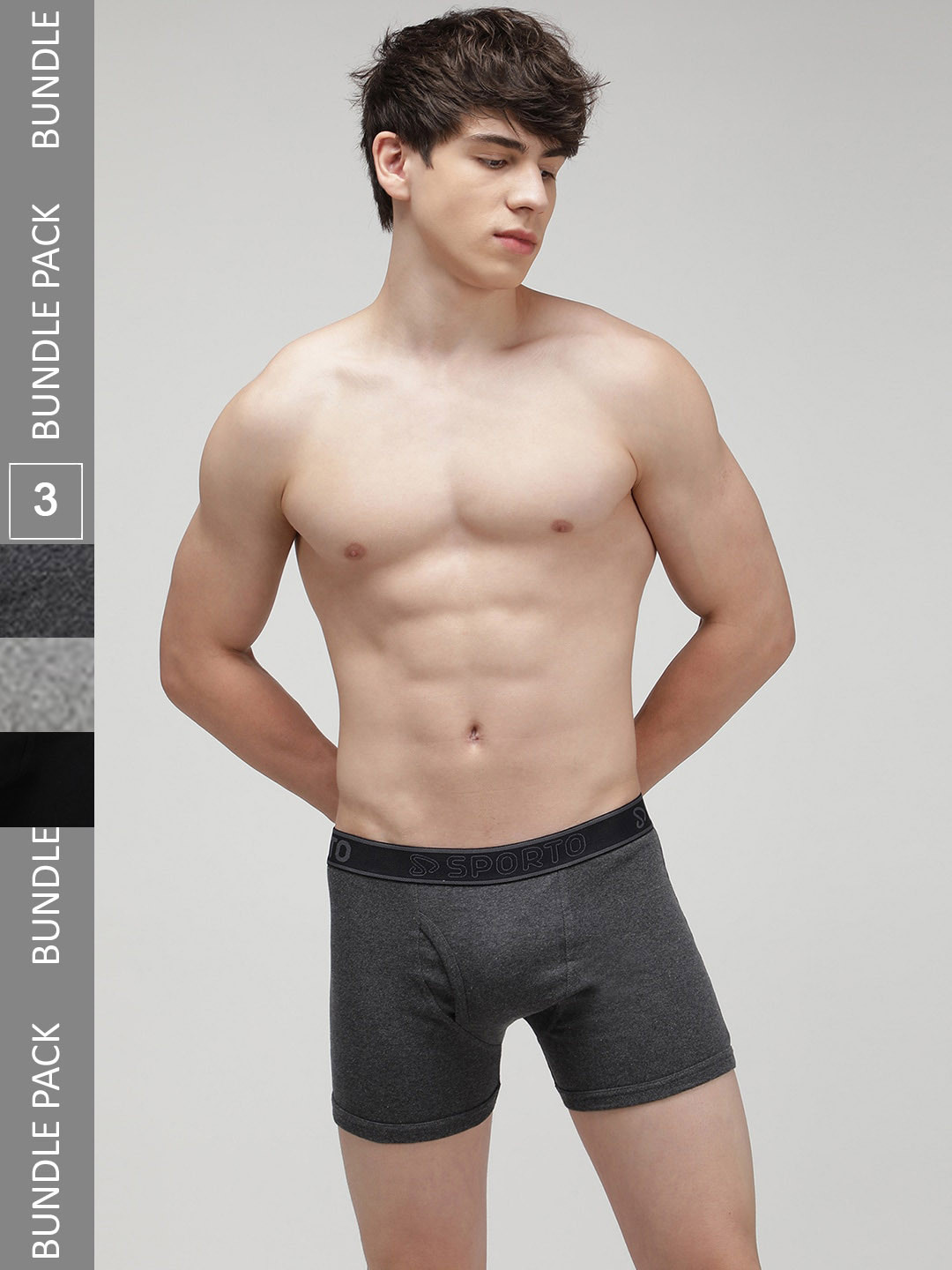 SPORTO Pack Of 3 Cotton Trunks SP-TR-M1030-GM-AM-BLK-XL-3PC