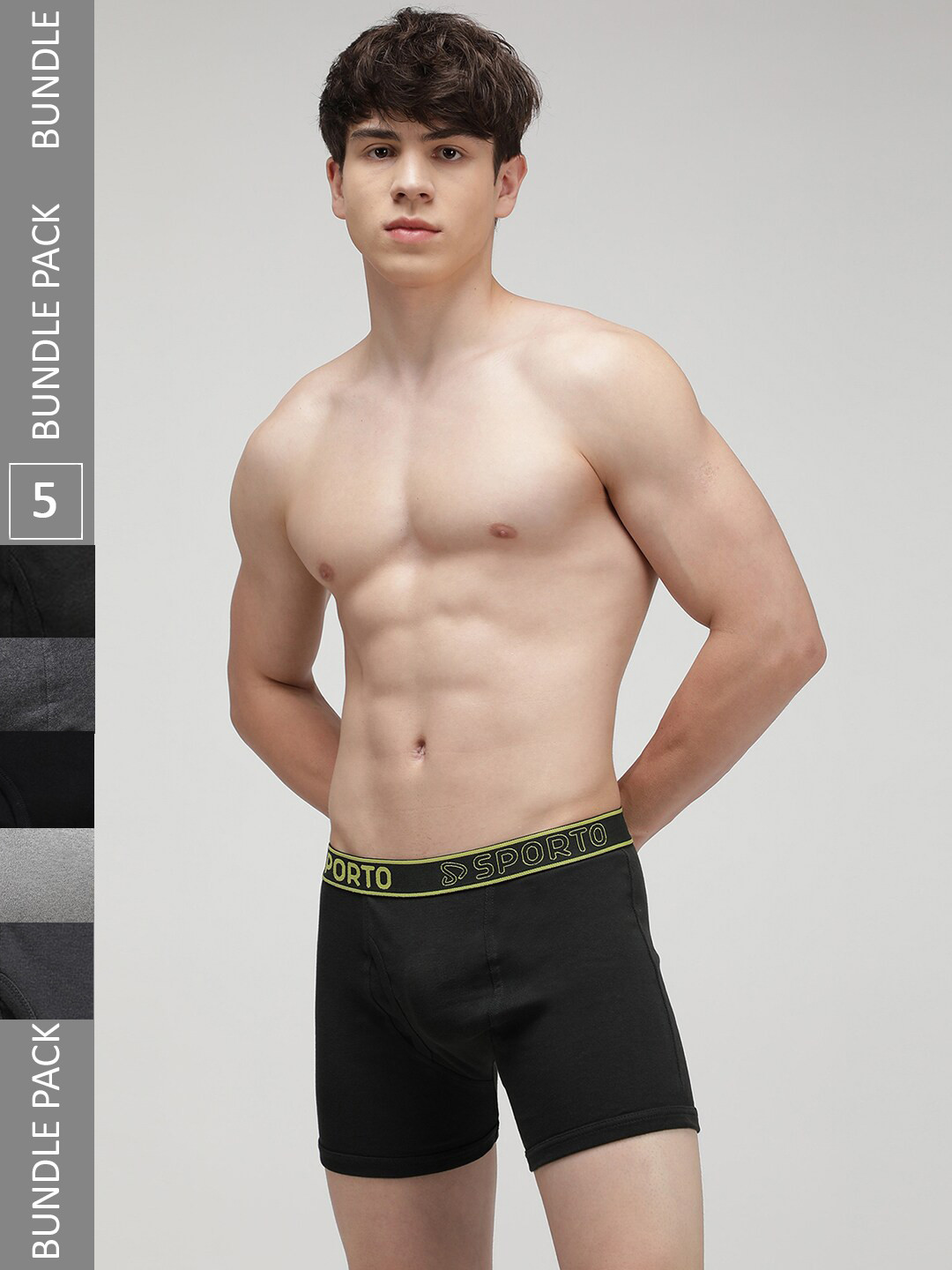 SPORTO Pack Of 5 Logo Printed Detail Cotton Trunks SP-TR-M1030-GM-AM-BLK-CH-OL-XL-5PC