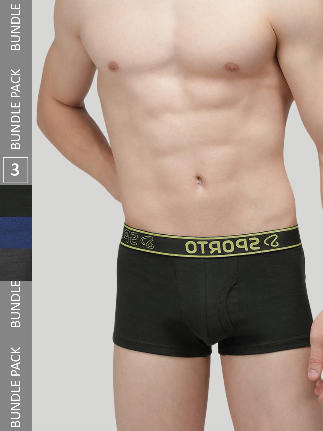 SPORTO Men Pack Of 3 Soft Elastic Cotton Trunks SP-TR-M1022-OL-CH-DB-XL-3PC