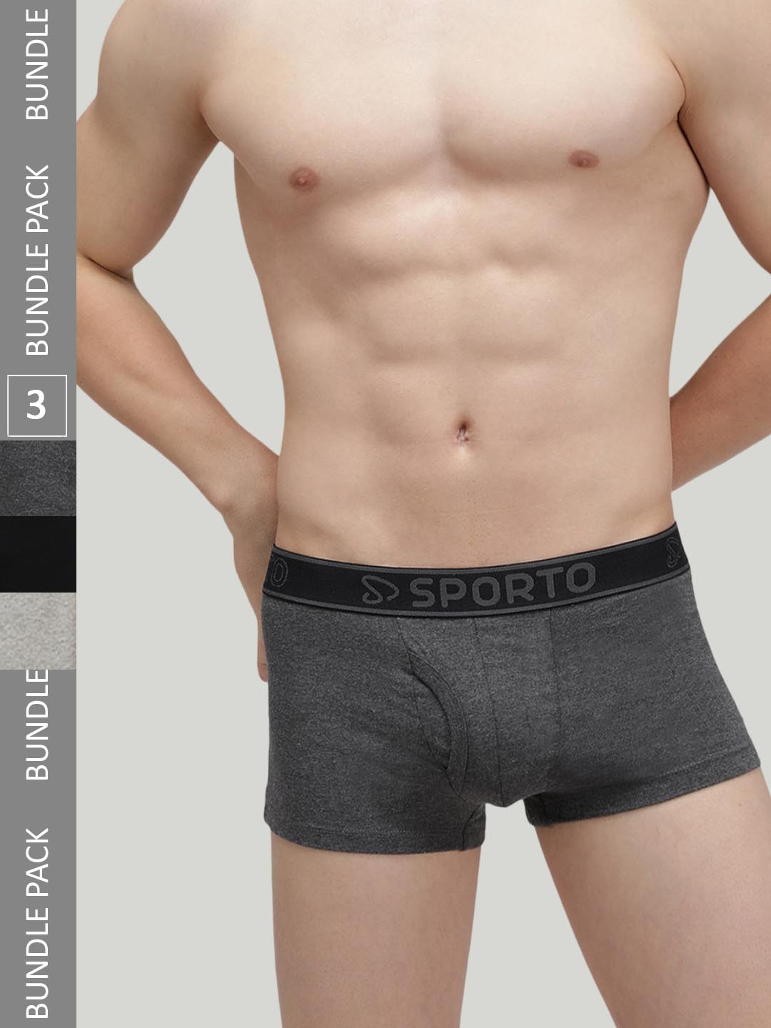 SPORTO Men Pack Of 3 Logo Printed  Cotton Trunks SP-TR-M1022-GM-AM-BLK-S-3PC