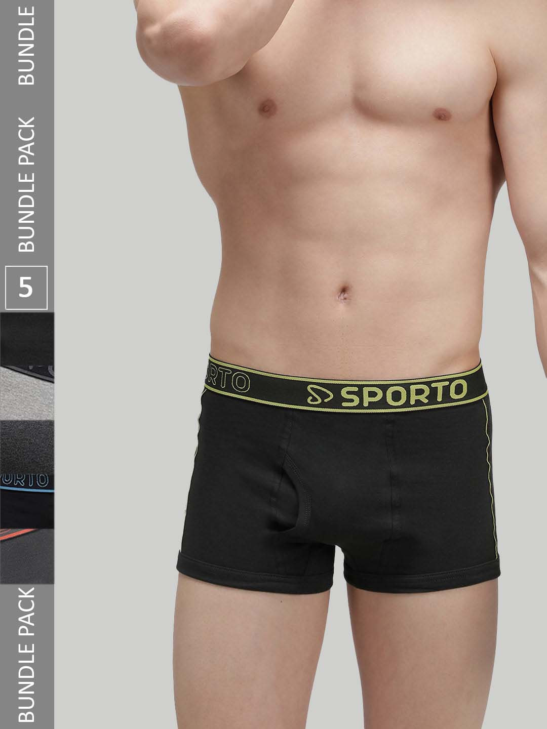 SPORTO Men Pack Of 5 Logo Printed Detail Cotton Trunks SP-TRM1020-GM-AM-BLK-CH-OL-S-5PC