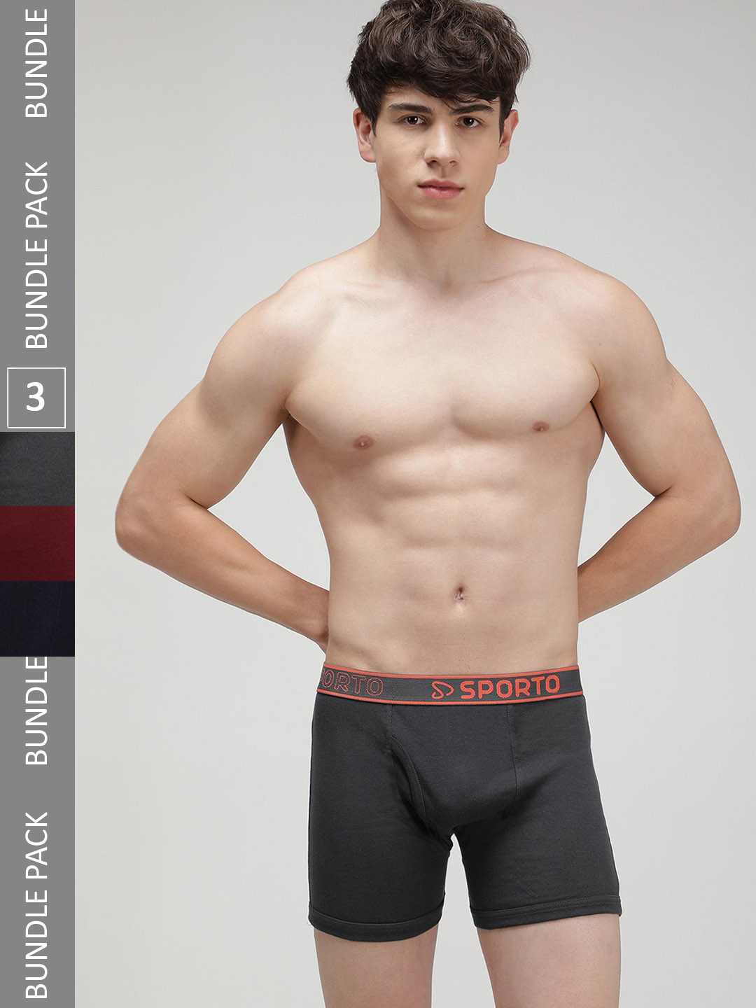 SPORTO Men Pack Of 3 Logo Printed Detail Cotton Trunks SP-TR-M1030-MA-NVY-CH-S-3PC