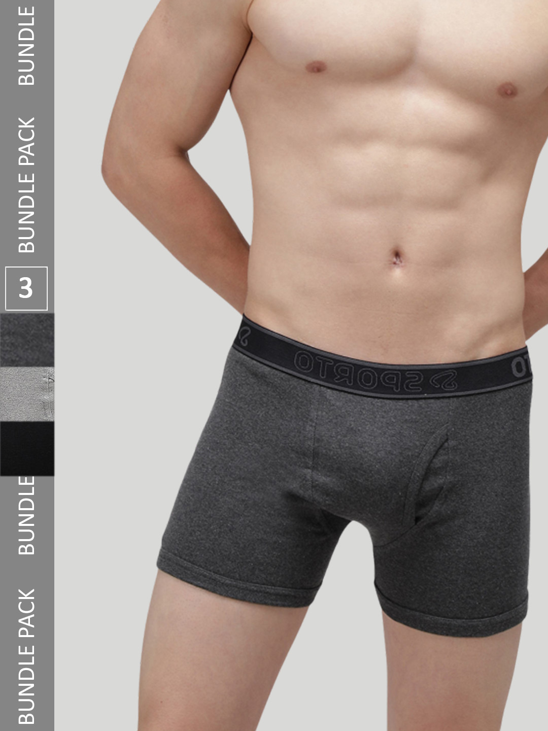 SPORTO Men Pack Of 3 Cotton Trunks SP-TR-M1030-GM-AM-BLK-S-3PC-