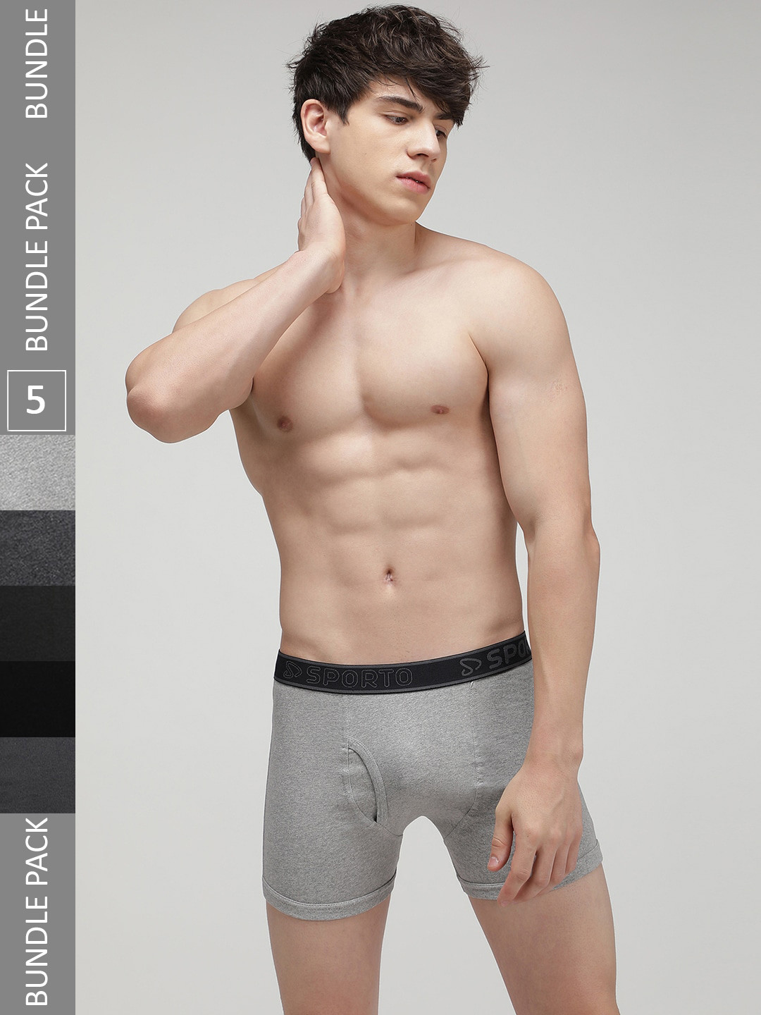 SPORTO Men Pack Of 5 Logo Printed Detail Cotton Trunks SP-TR-M1030-GM-AM-BLK-CH-OL-S-5PC