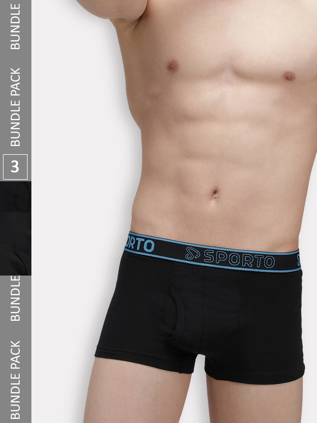 SPORTO Men Pack of 3 Cotton Trunks SP-TR-M1022-BLK-XL-3PC
