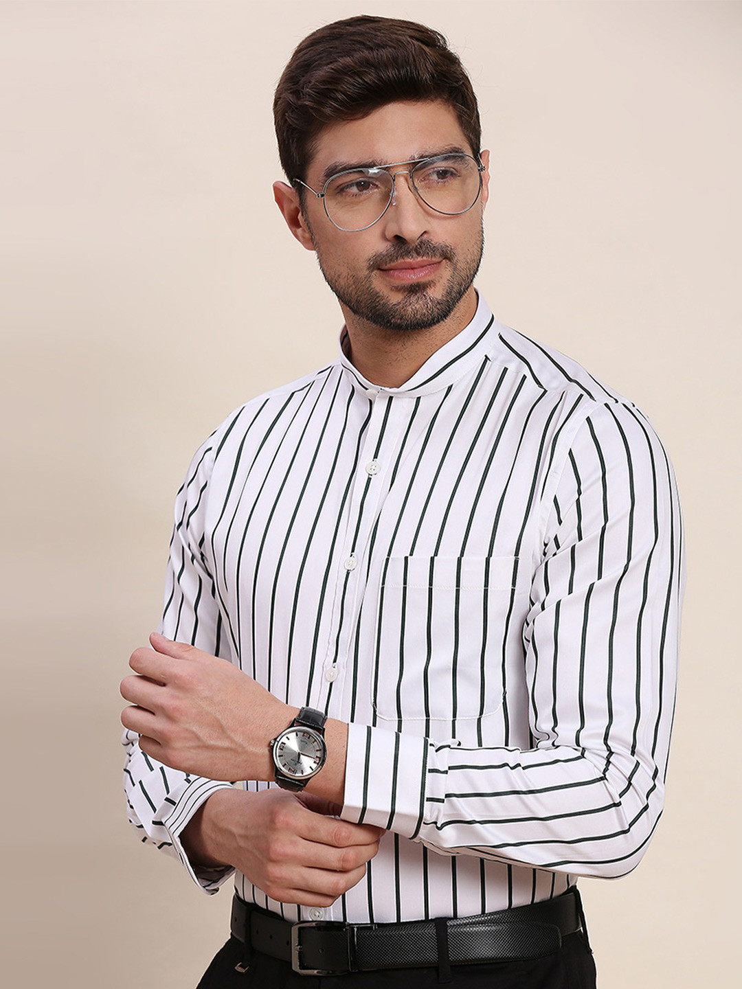 INVICTUS Vertical Striped Band Collar Original Slim Fit Pure Cotton Formal Shirt