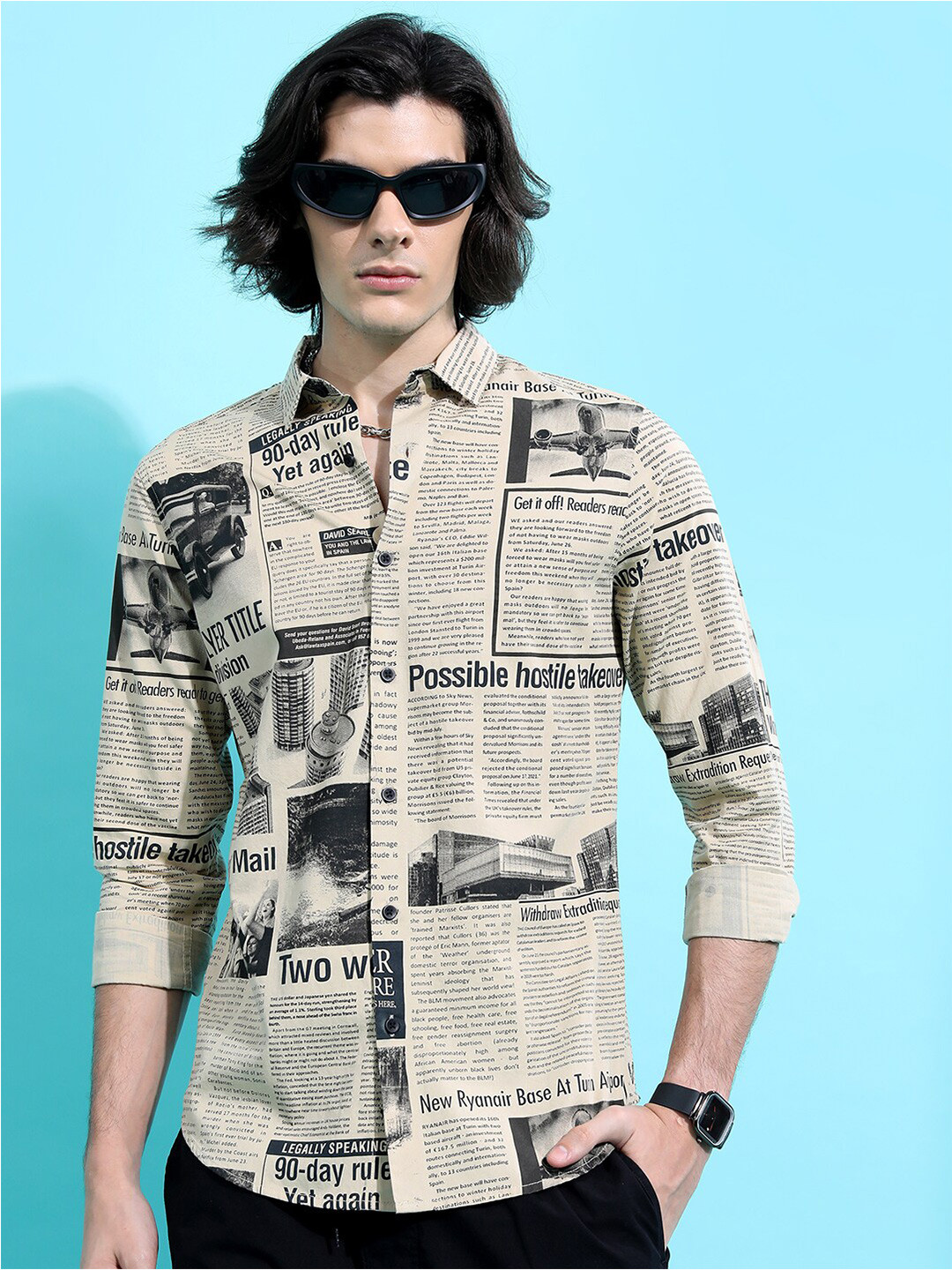 HIGHLANDER Beige Slim Fit Abstract Printed Cotton Casual Shirt