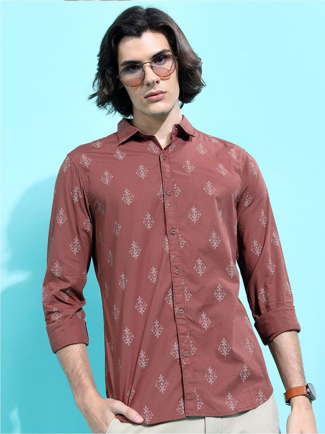 HIGHLANDER Brown Slim Fit Conversational Printed Cotton Casual Shirt