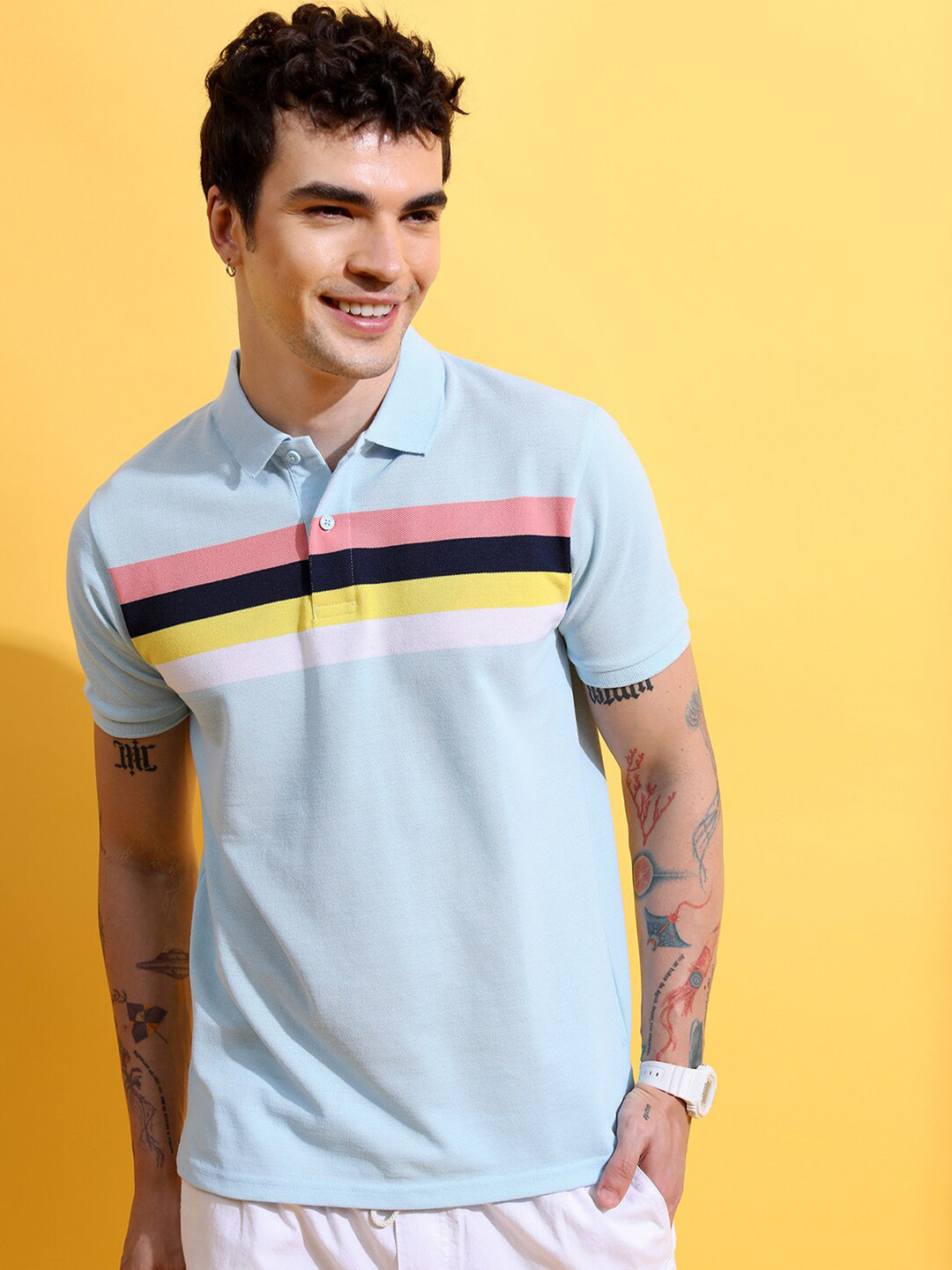 HIGHLANDER Blue Striped Polo Collar Slim Fit T-shirt