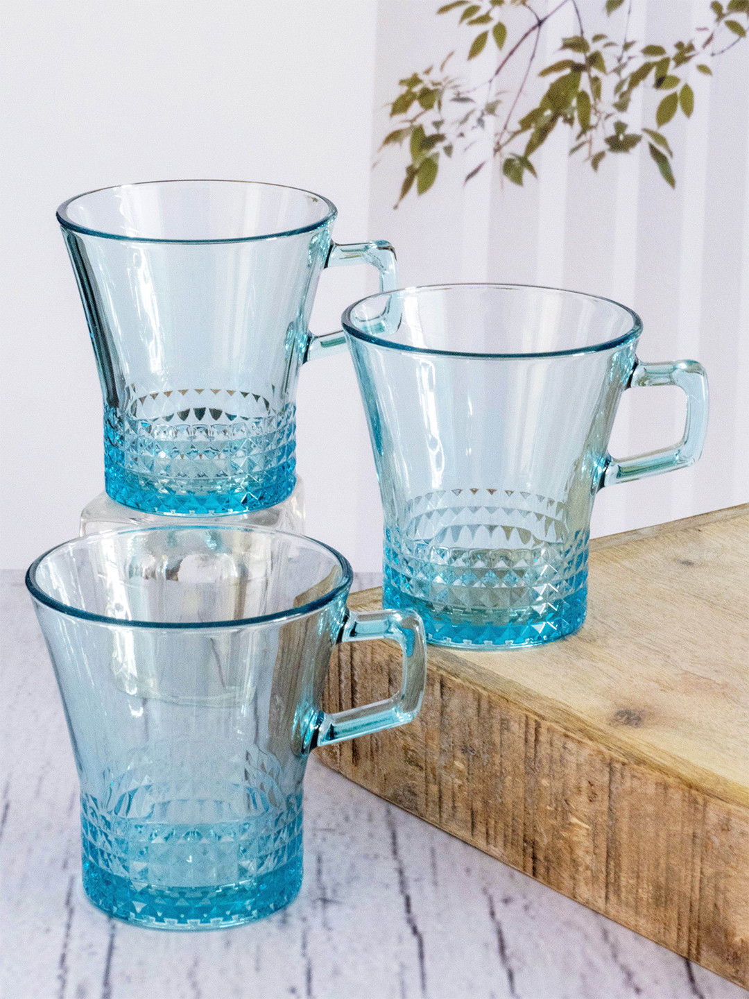 Pasabahce Blue 6 Pieces Textured Glass Glossy Mugs-250ml