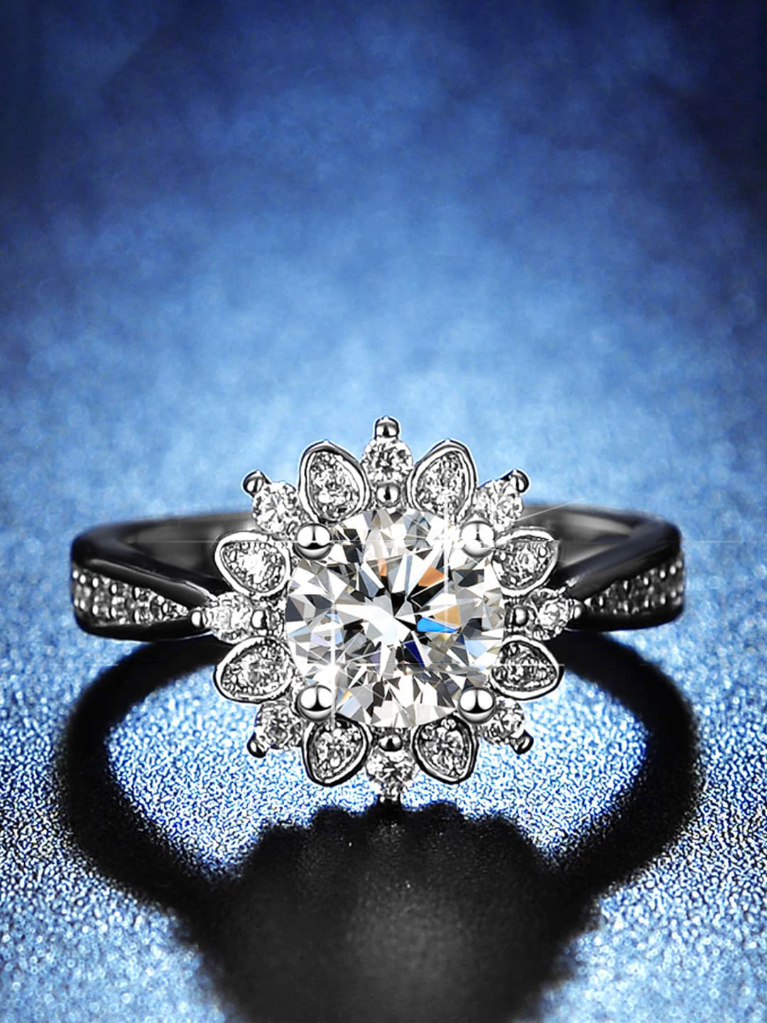 Jewels Galaxy Silver Plated American Diamond Studded Floral Solitaire Finger Ring