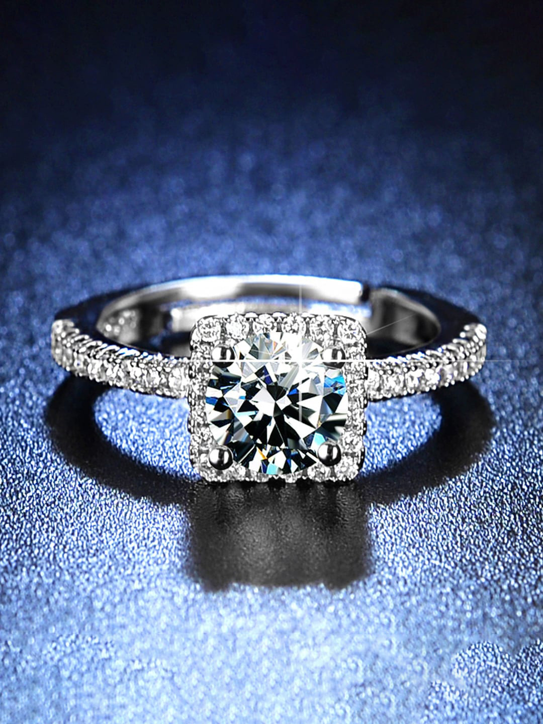 Jewels Galaxy Silver Plated Crystal Studded Square Shape Solitaire Adjustable Finger Ring