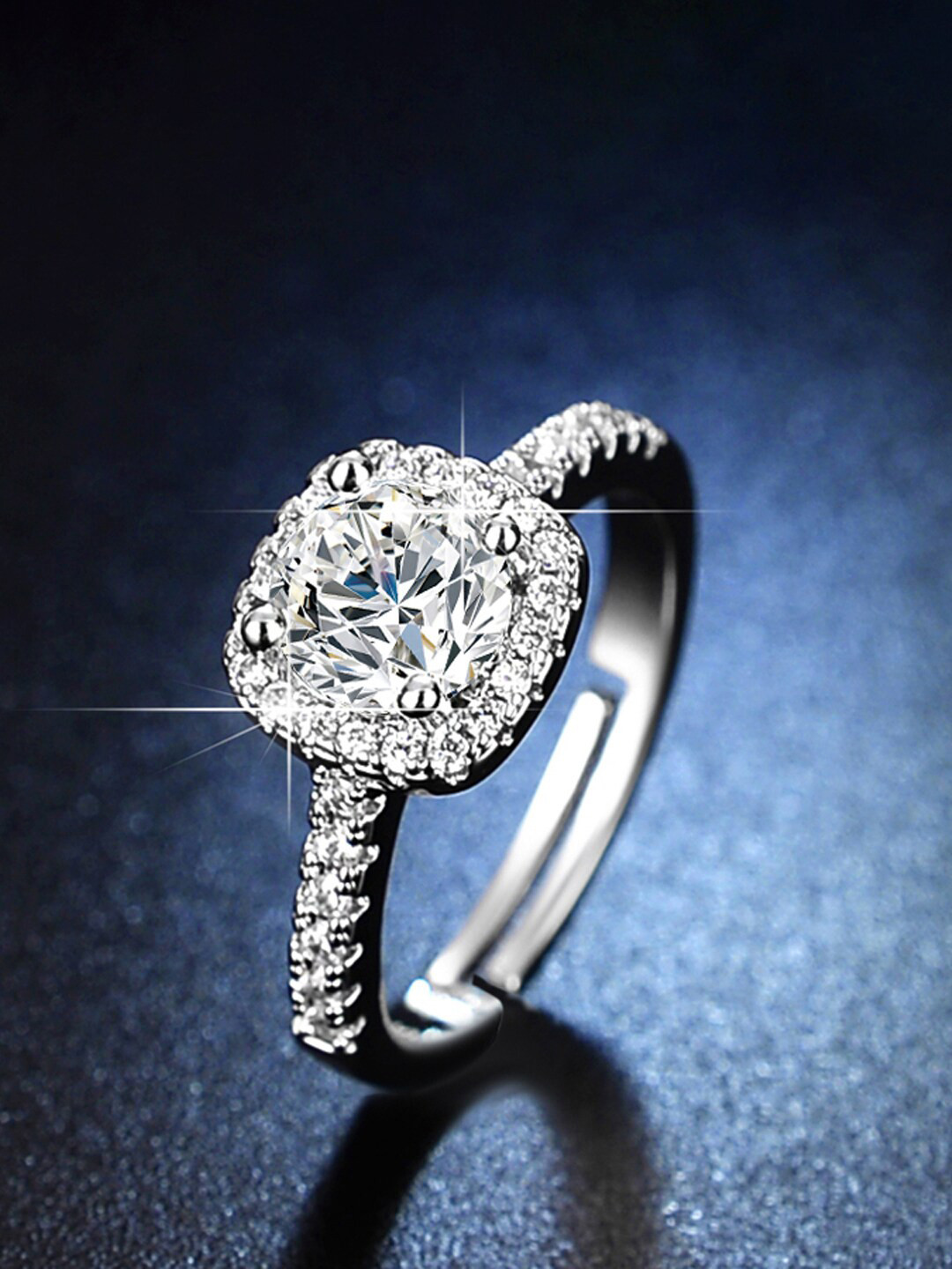 Jewels Galaxy Silver Plated AD Studded Square Shape Solitaire Adjustable Finger Ring