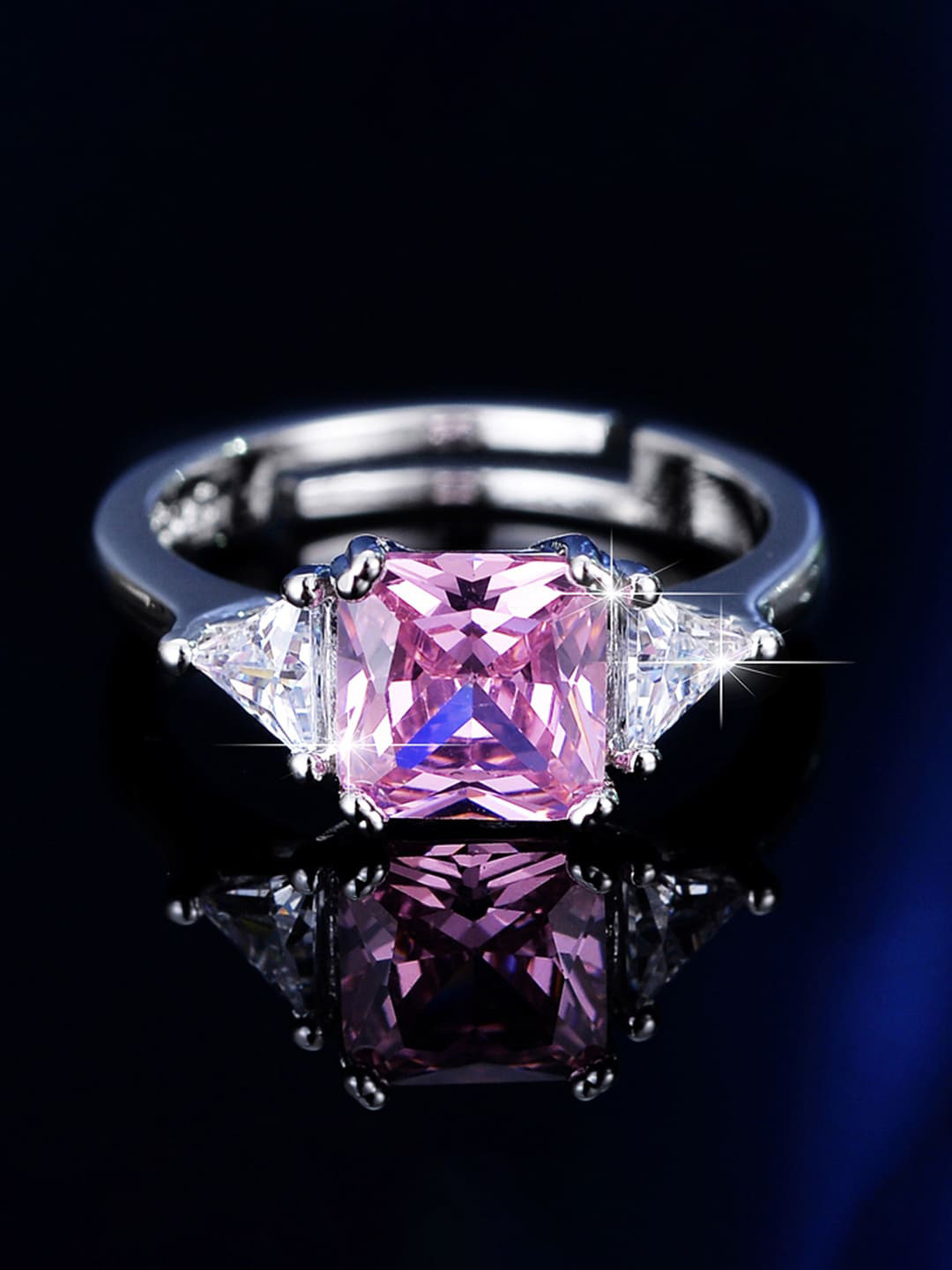 Jewels Galaxy Silver Plated AD Studded Rectangular Stone Adjustable Finger Ring