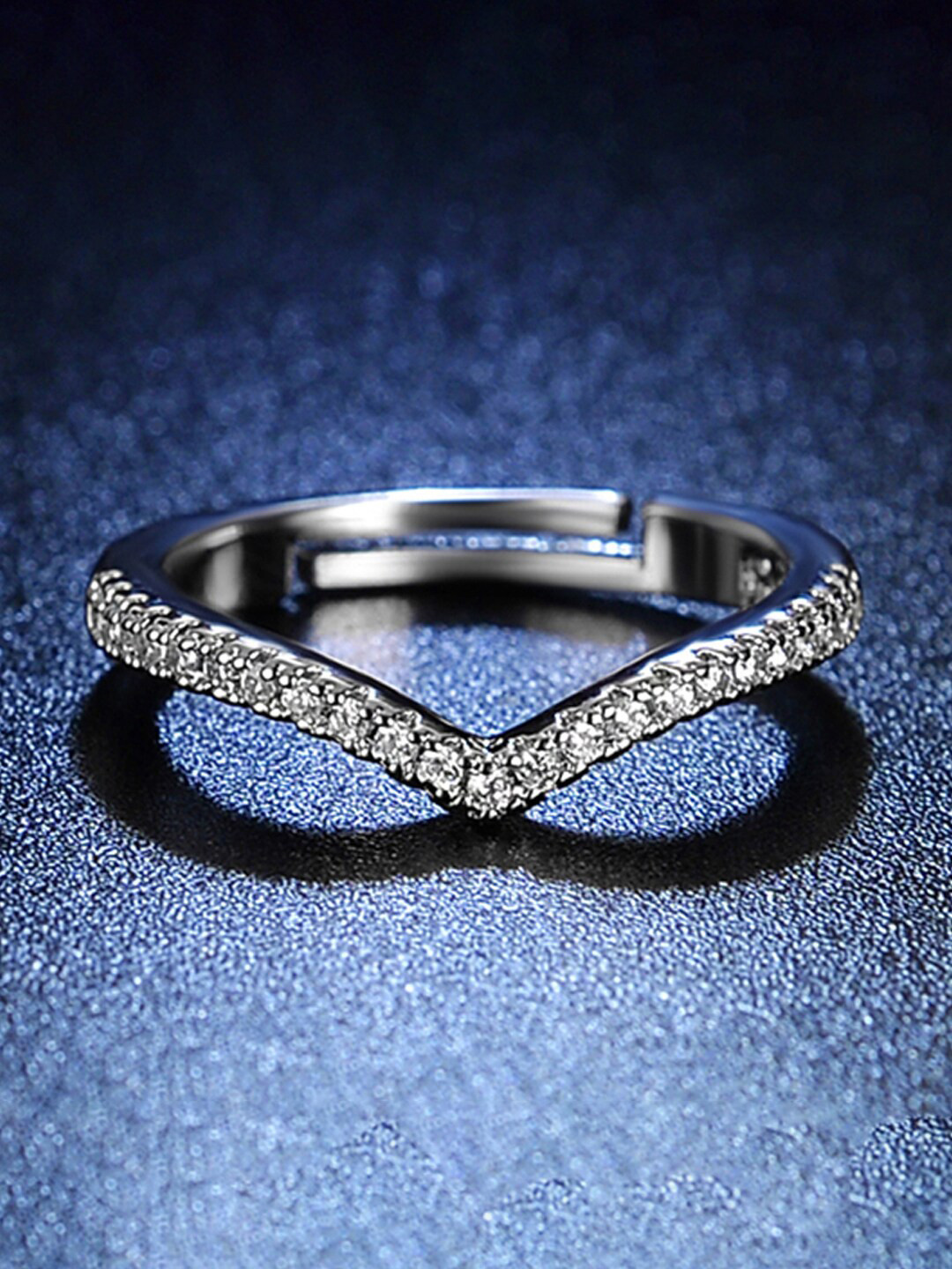 Jewels Galaxy Silver Plated AD Studded V-Shape Contemporary Adjustable Finger Ring