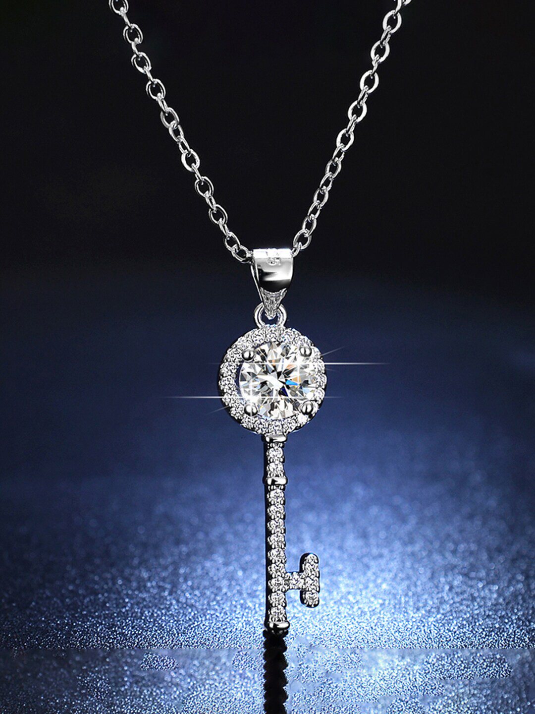 Jewels Galaxy Silver-Plated & Crystal-Studded Key Shaped Anti Tarnish Pendant