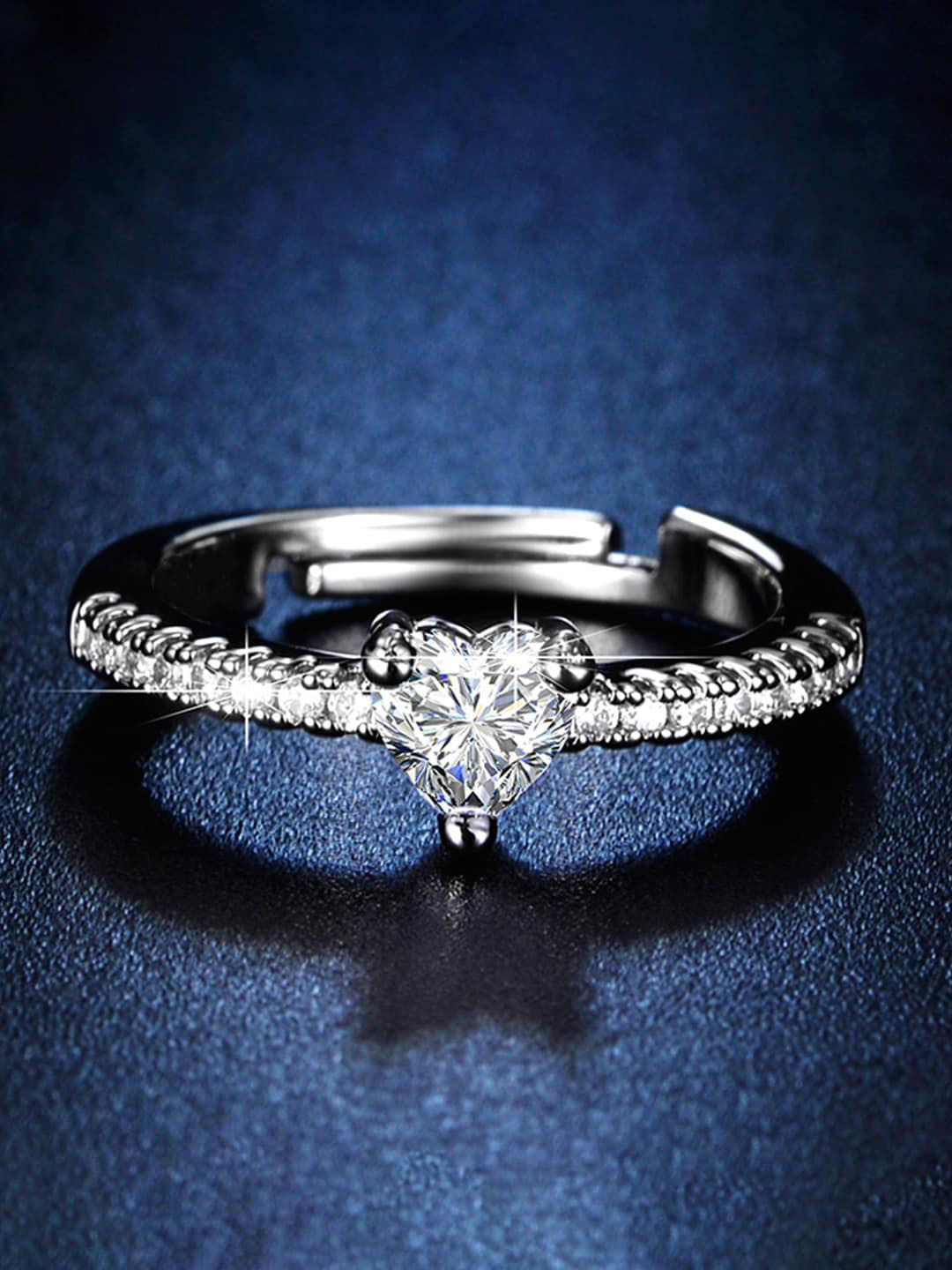 Jewels Galaxy Silver Plated American Diamond Studded Heart Themed Adjustable Finger Ring