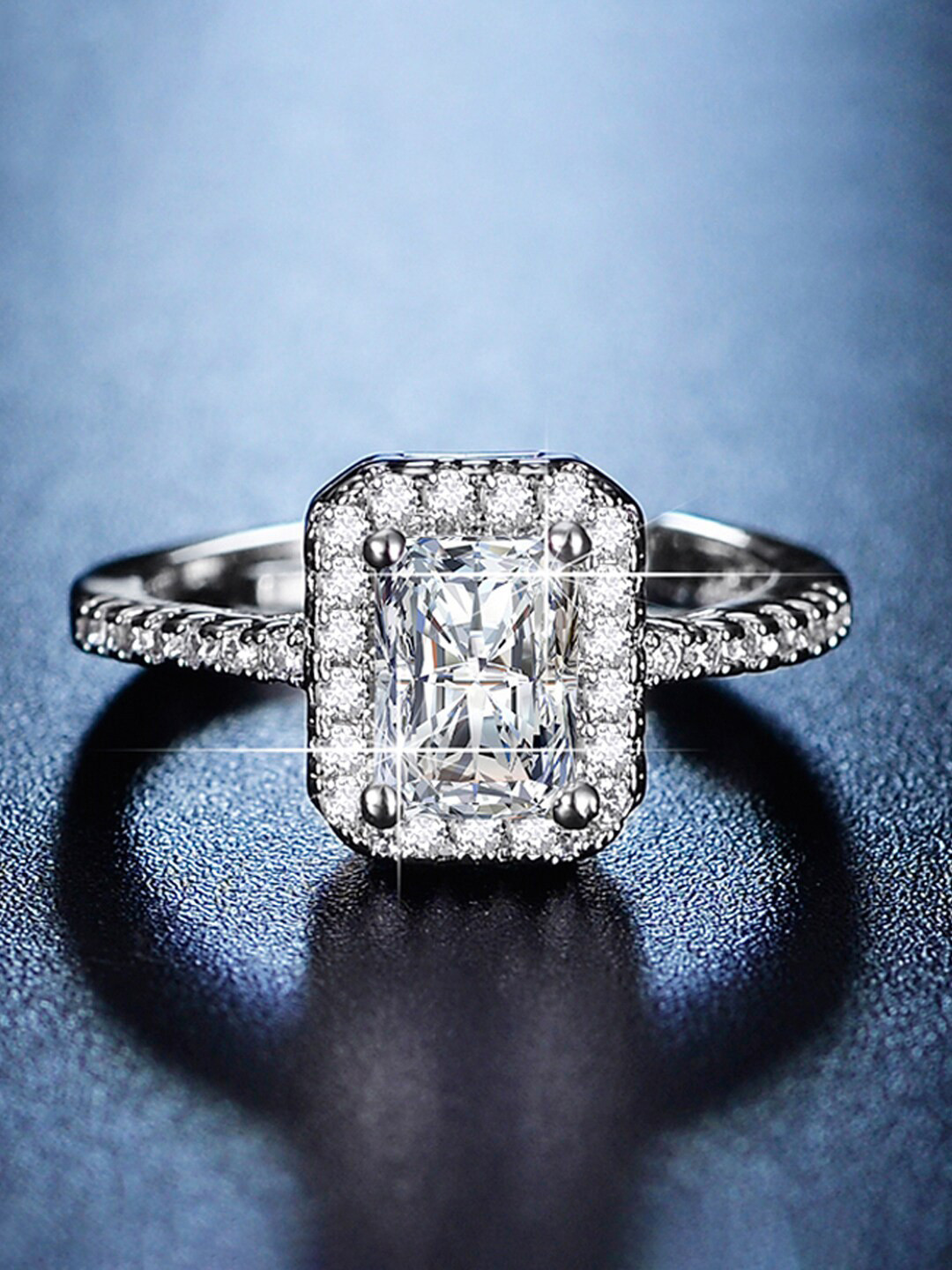 Jewels Galaxy Silver Plated American Diamond Studded Rectangular Adjustable Finger Ring