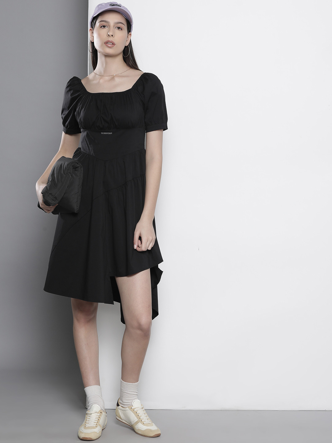 SEMIR Puff Sleeves Asymmetric Hem Corset-Style Fit & Flare Dress