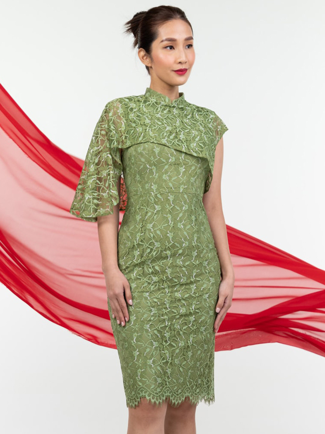 Zalora Studios Floral Self Design Mandarin Collar Flared Sleeves Sheath Dress