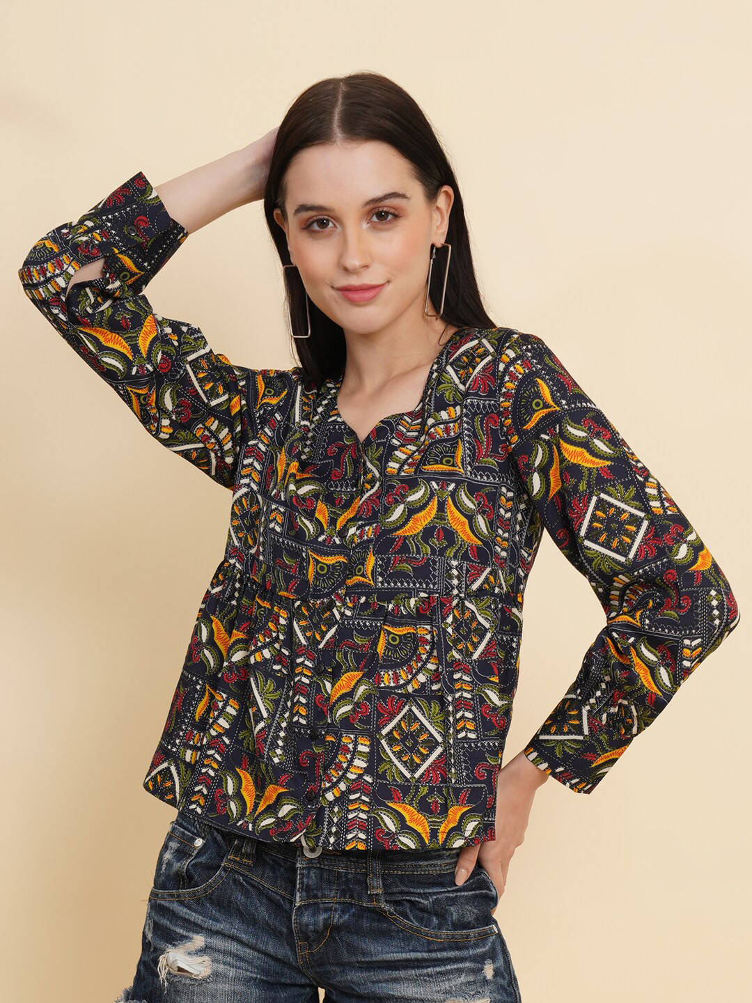 RAASSIO Ethnic Motifs Printed Crepe Top