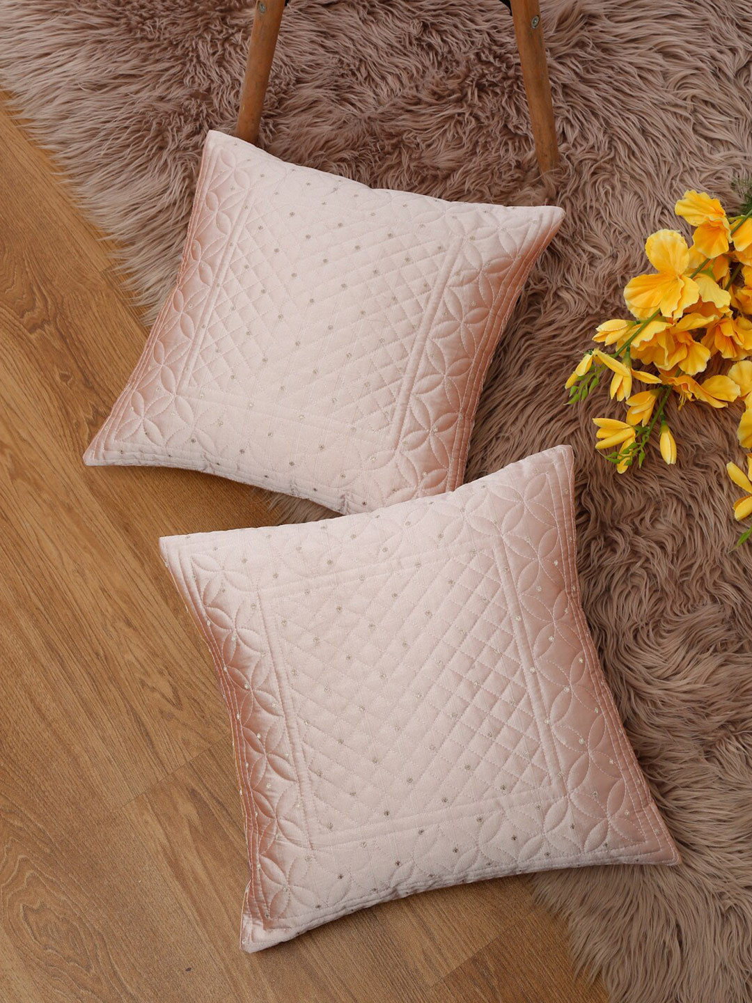 eyda Peach Embroidered Polyester Quick-Dry 2 Piece Square Cushion Covers - 16 x 16 Inches