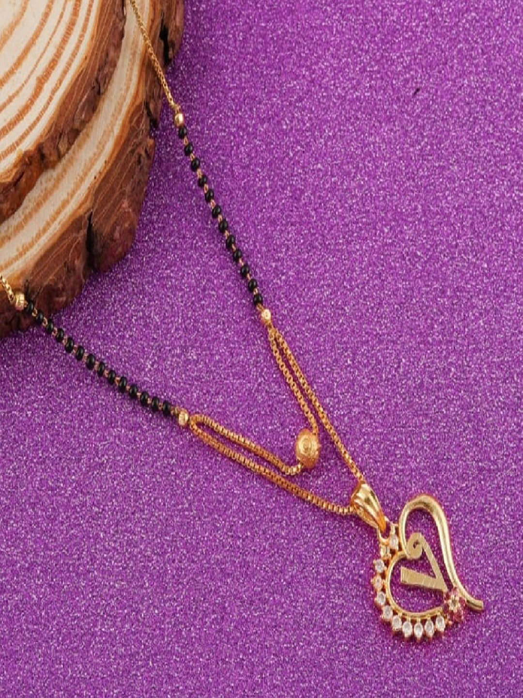 JEWEL WORLD Gold-Plated V-Letter Artificial Stones And Beaded Mangalsutra